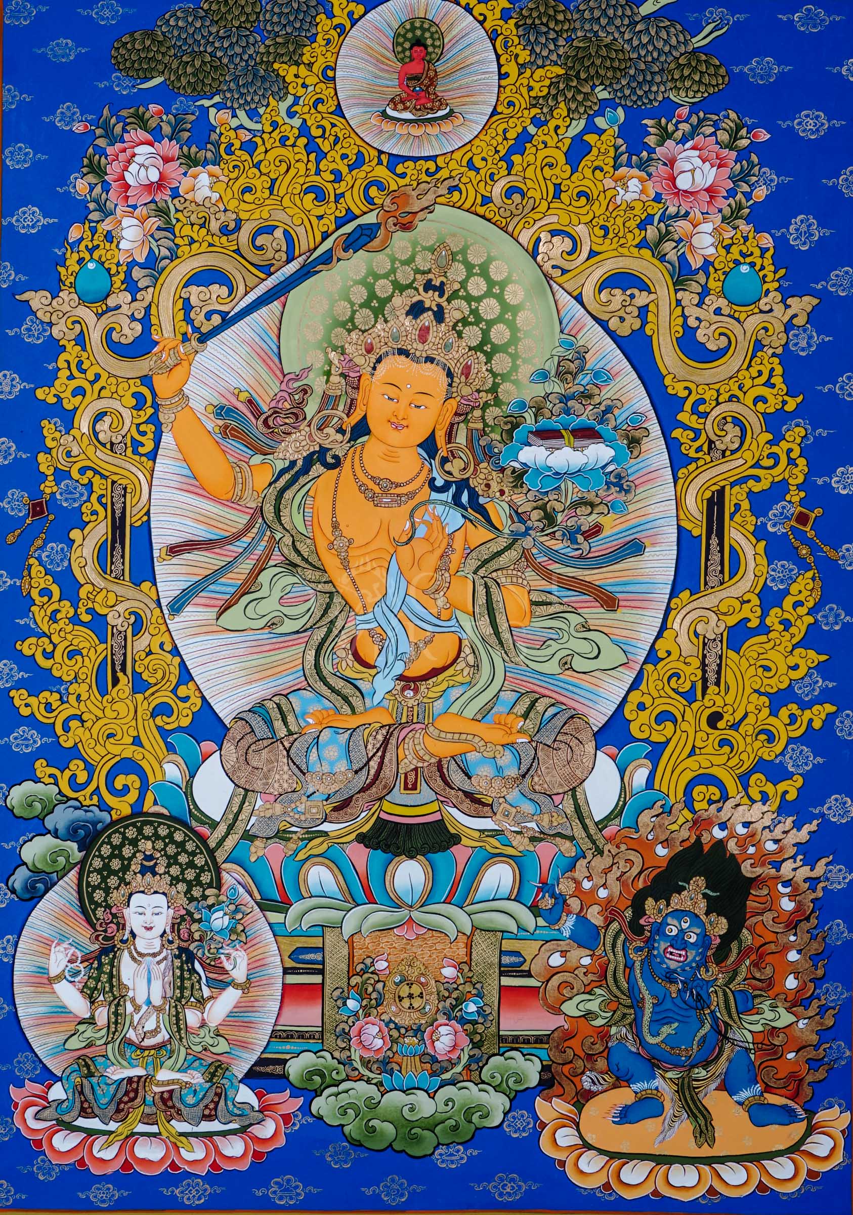 Manjushree holding the flaming sword of wisdom and lotus-borne scripture, surrounded by sacred Buddhist ornamentation and traditional Himalayan motifs.