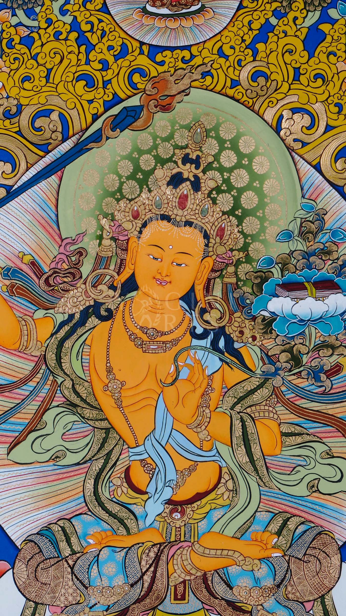 Manjushree holding the flaming sword of wisdom and lotus-borne scripture, surrounded by sacred Buddhist ornamentation and traditional Himalayan motifs.