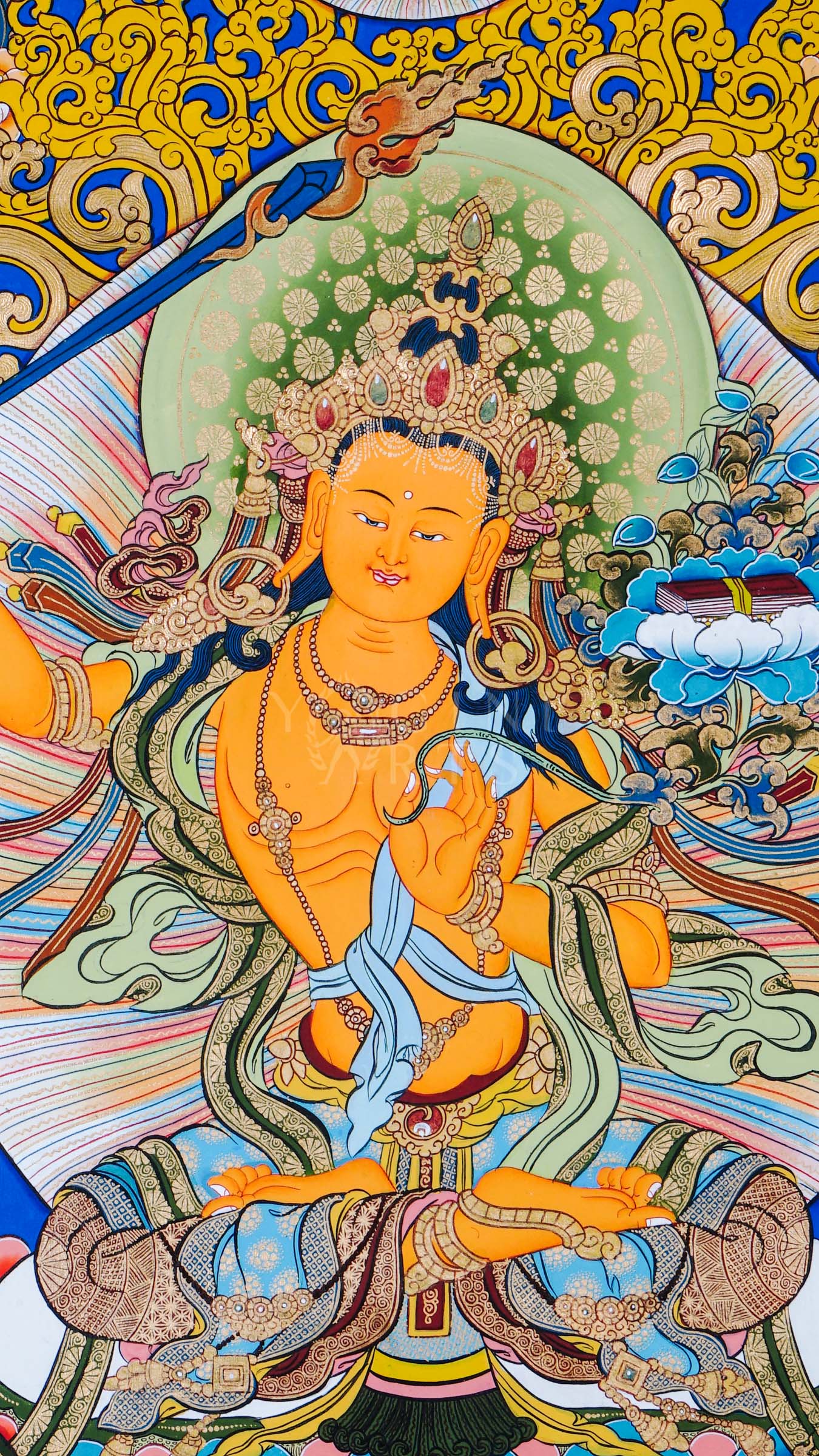 Manjushree holding the flaming sword of wisdom and lotus-borne scripture, surrounded by sacred Buddhist ornamentation and traditional Himalayan motifs.