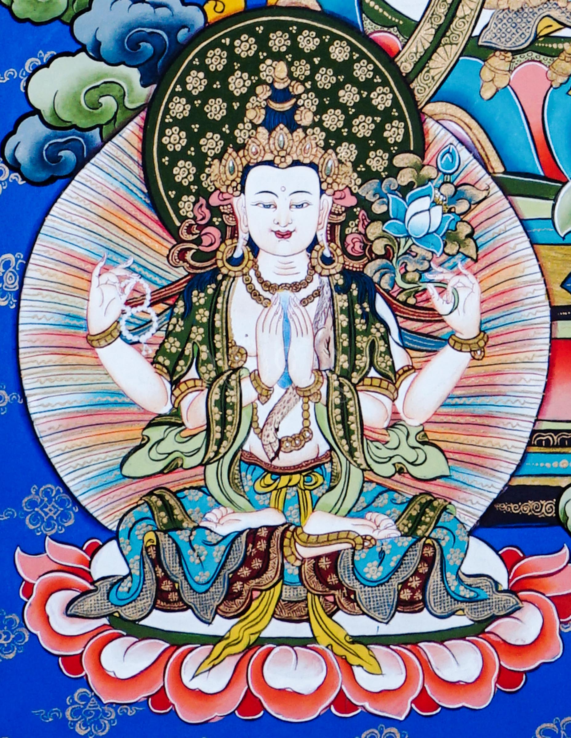 Manjushree holding the flaming sword of wisdom and lotus-borne scripture, surrounded by sacred Buddhist ornamentation and traditional Himalayan motifs.