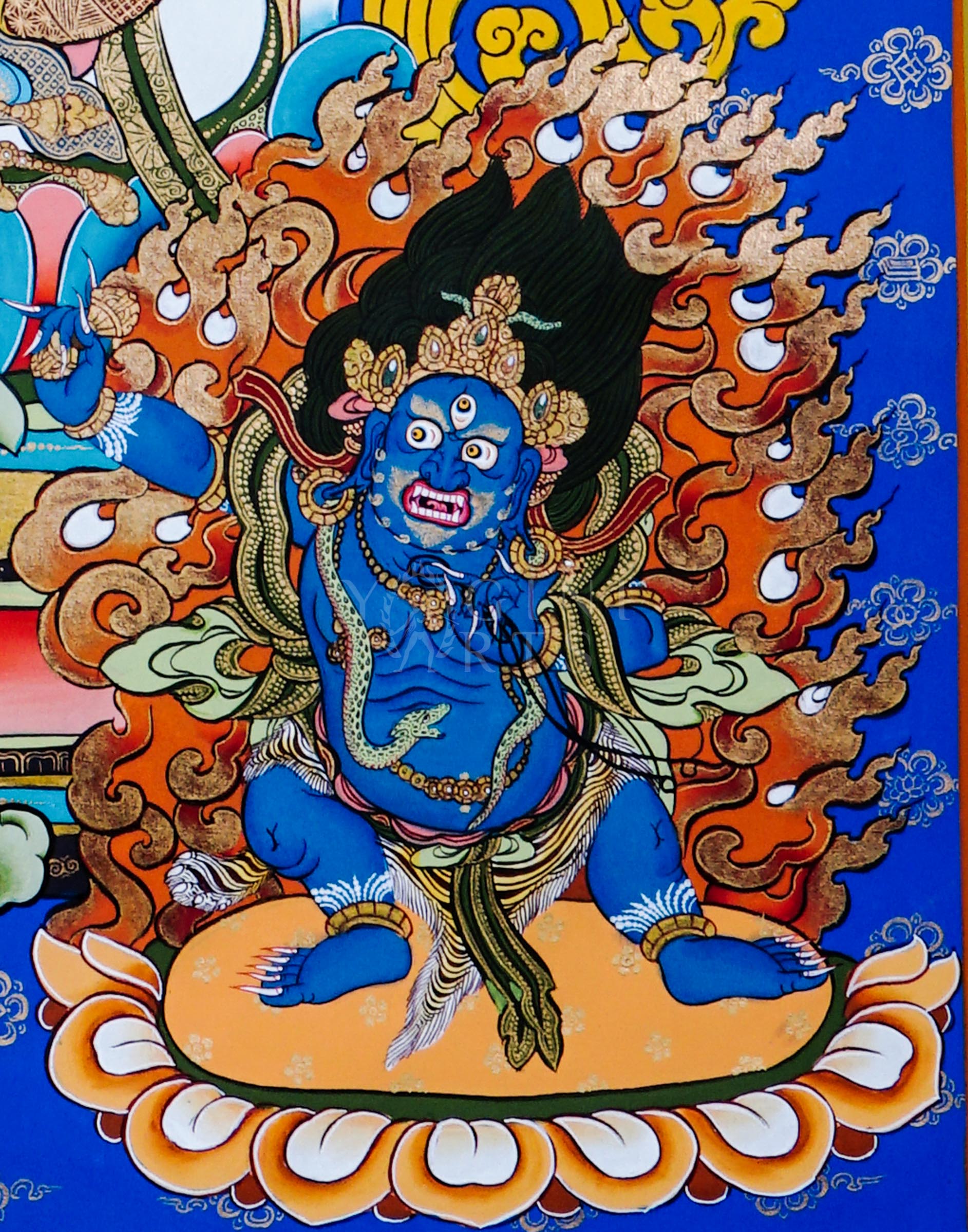 Manjushree holding the flaming sword of wisdom and lotus-borne scripture, surrounded by sacred Buddhist ornamentation and traditional Himalayan motifs.