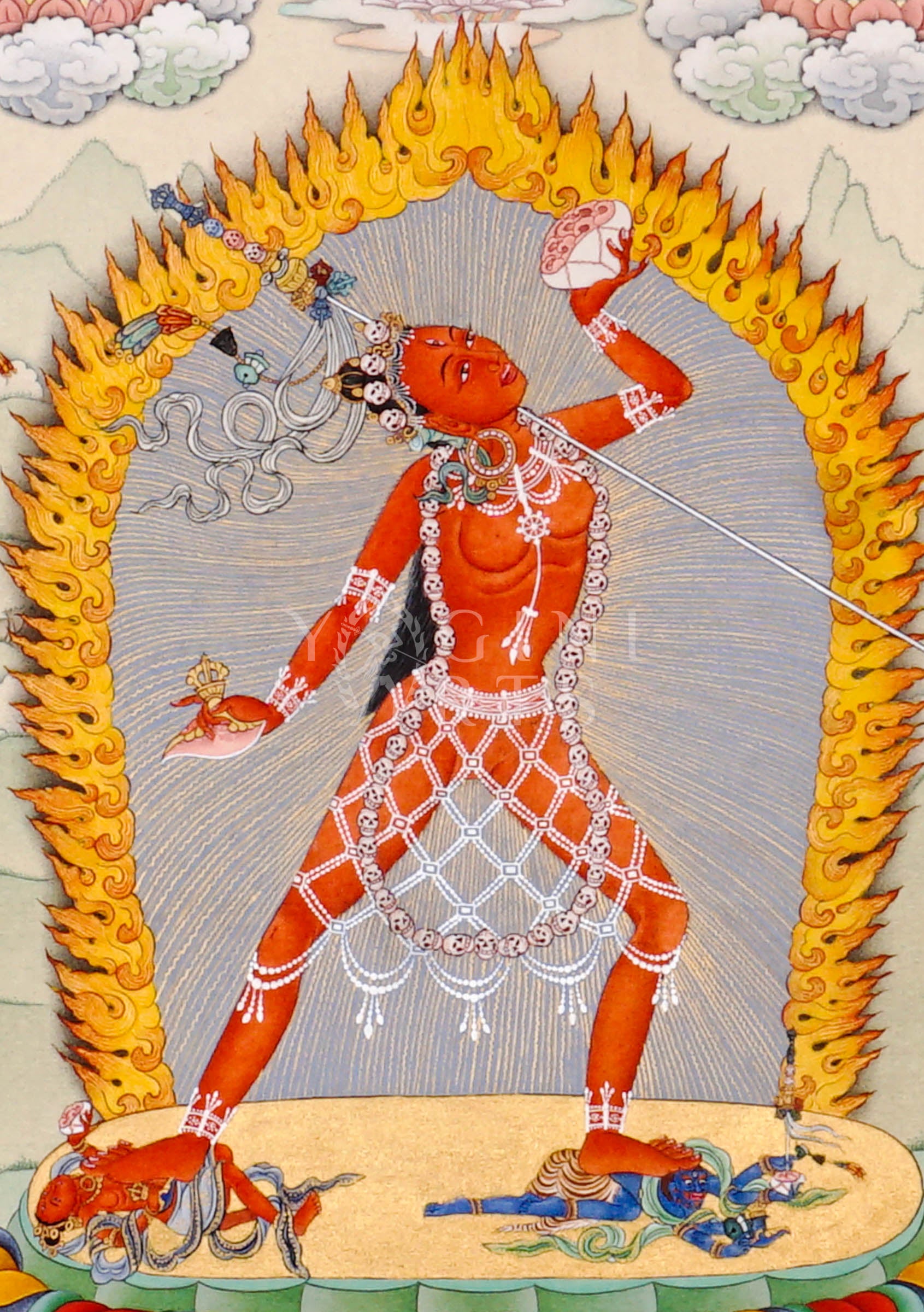 Yogini thangka featuring a wrathful red tantric female deity surrounded by flames with attendant Buddhist figures and sacred Vajrayana symbolism