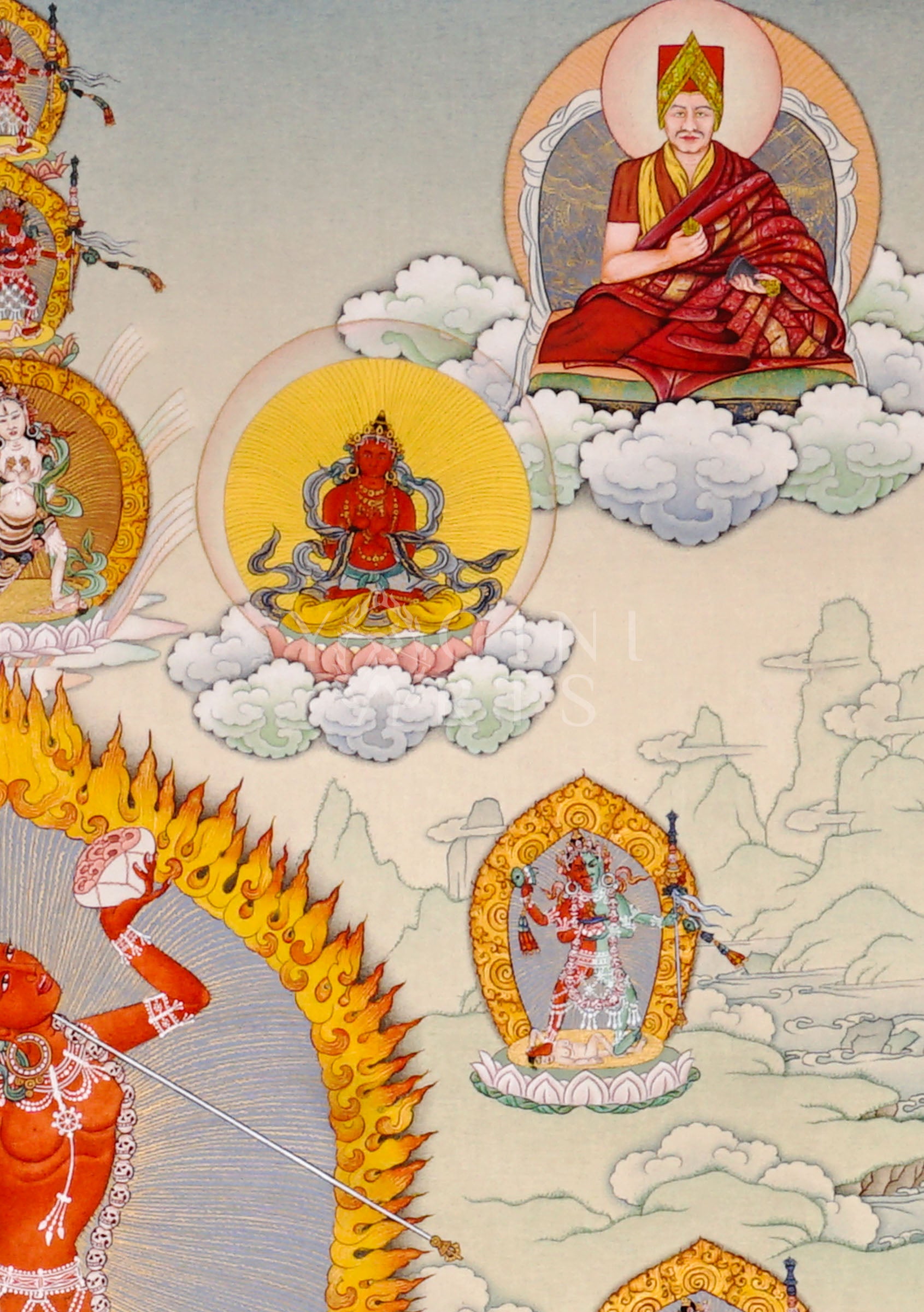 Yogini thangka featuring a wrathful red tantric female deity surrounded by flames with attendant Buddhist figures and sacred Vajrayana symbolism