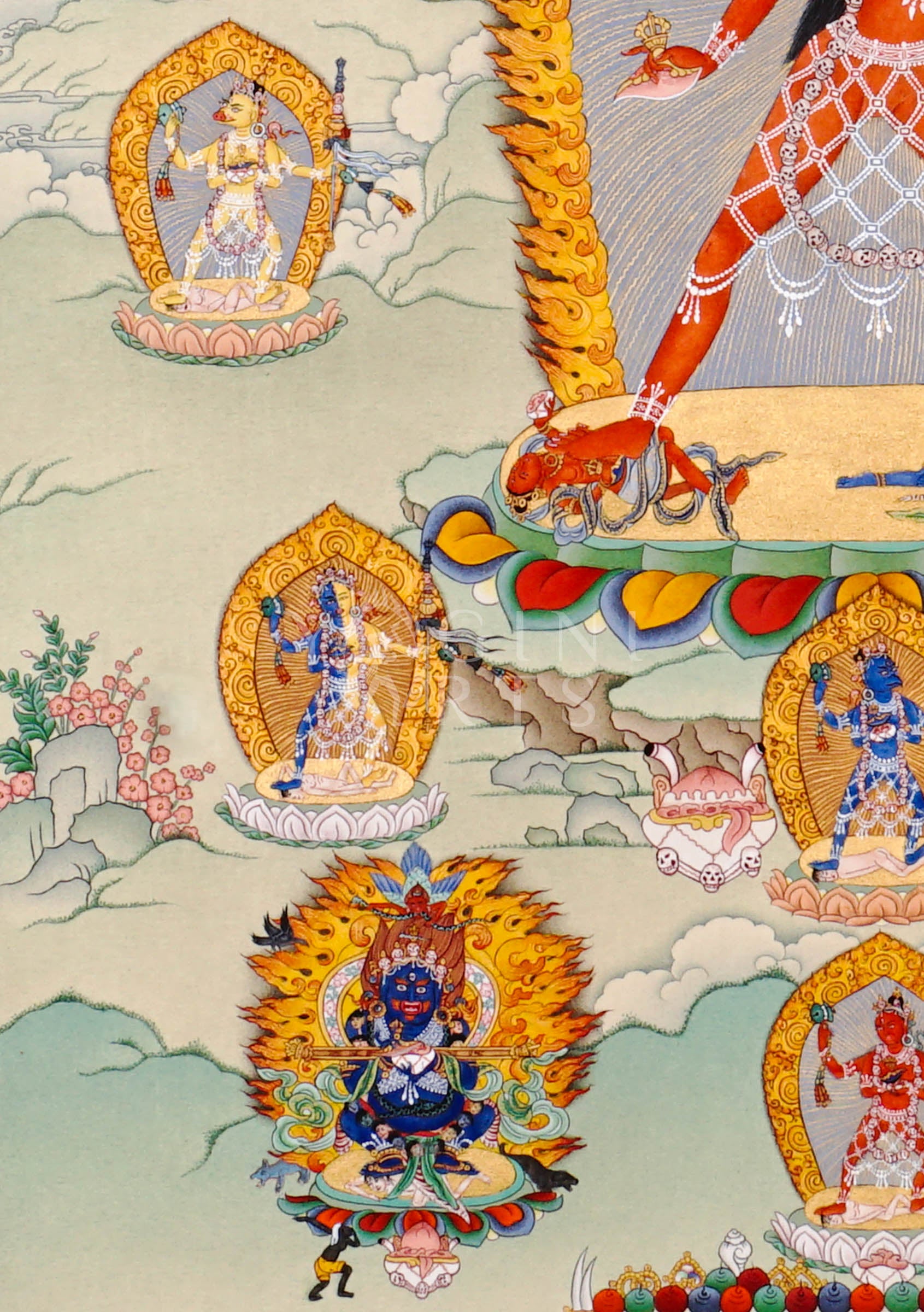 Yogini thangka featuring a wrathful red tantric female deity surrounded by flames with attendant Buddhist figures and sacred Vajrayana symbolism