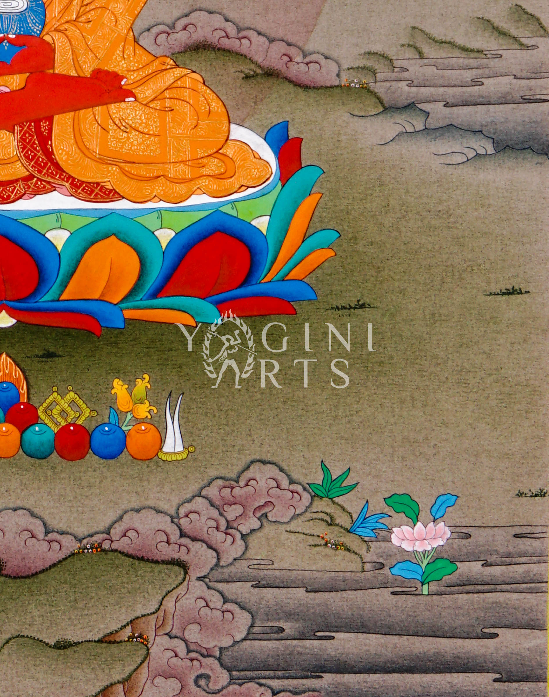 Hand-painted Amitabha Buddha thangka featuring the red Buddha seated in meditation holding an alms bowl on a lotus throne within a peaceful Himalayan landscape