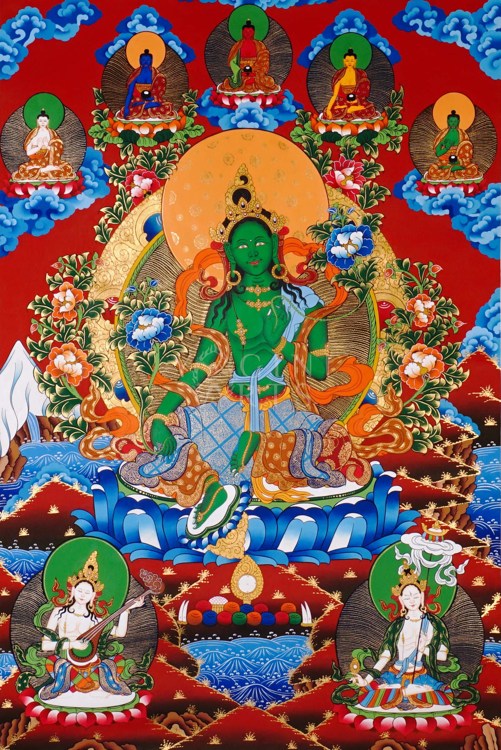 Green Tara thangka featuring the bodhisattva seated on a lotus throne with lotus flowers, surrounded by celestial figures and vibrant Himalayan landscape.