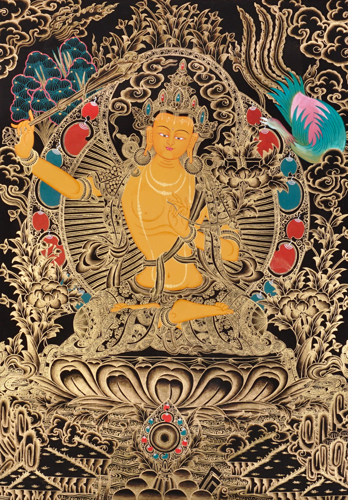 Gold-on-black Manjushri thangka holding the flaming sword of wisdom and lotus scripture.