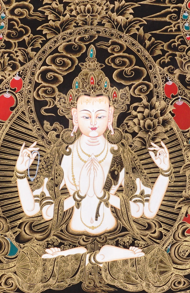 Gold-on-black Chenrezig thangka depicting the four-armed Avalokiteshvara Bodhisattva of compassion.