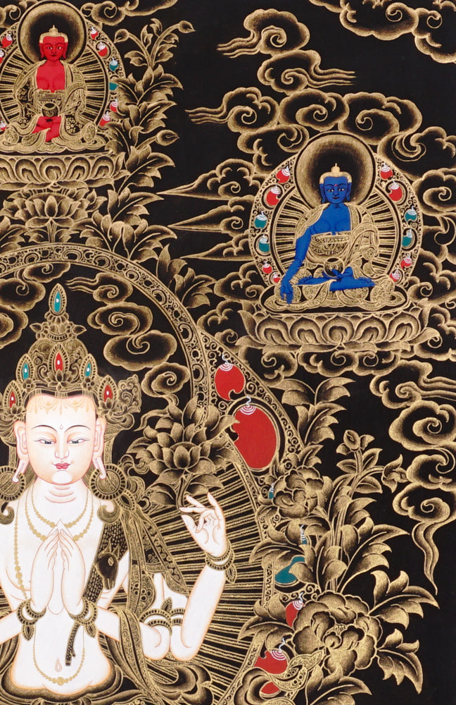 Gold-on-black Chenrezig thangka depicting the four-armed Avalokiteshvara Bodhisattva of compassion.