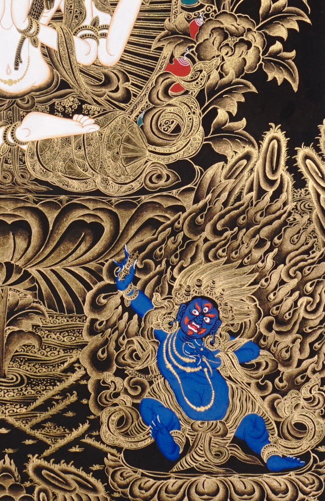 Gold-on-black Chenrezig thangka depicting the four-armed Avalokiteshvara Bodhisattva of compassion.