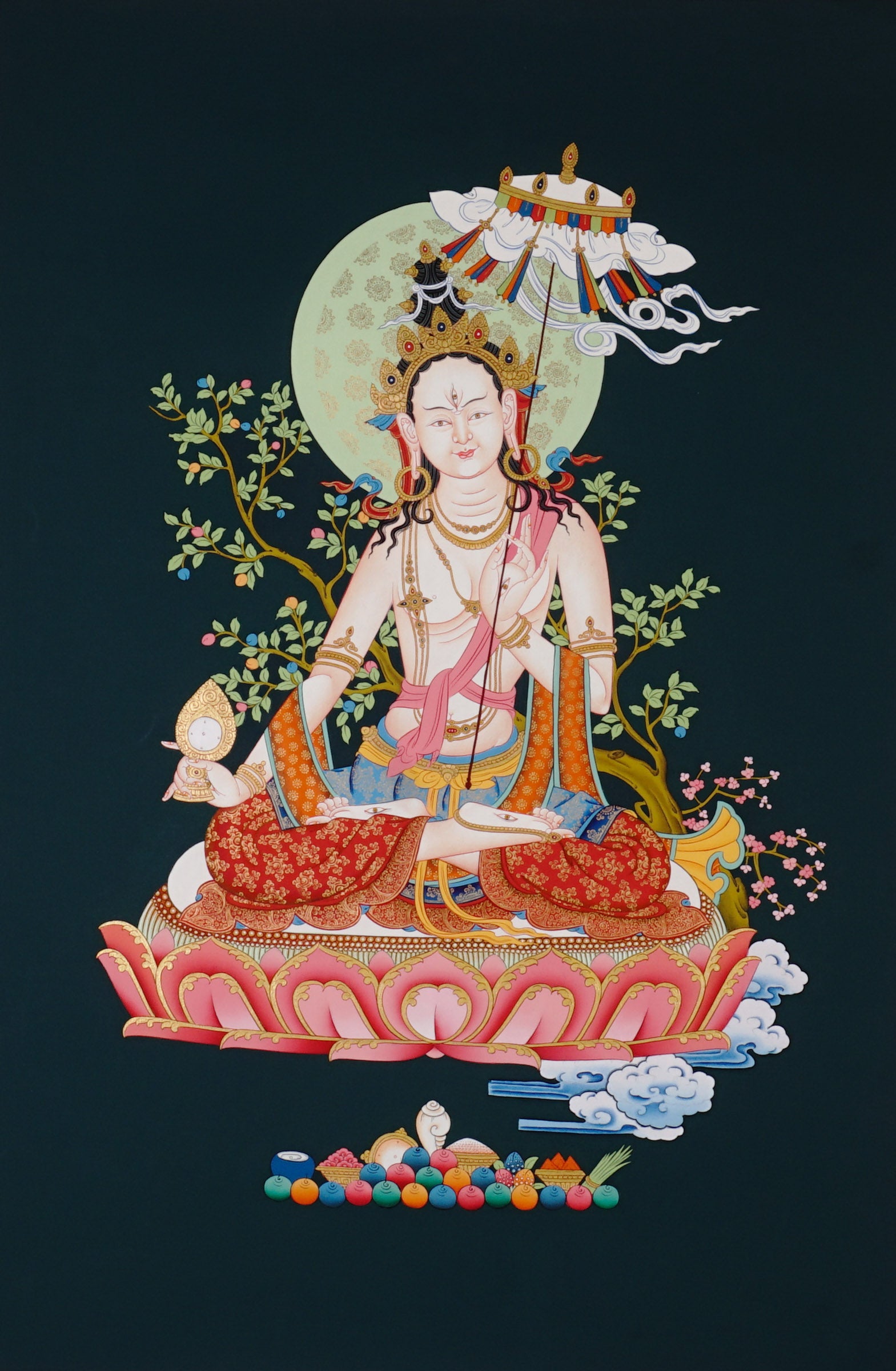 Dhukkar Ushnisha White Dzambhala Thangka hand-painted Tibetan Buddhist wealth deity holding mongoose and treasure vase on lotus throne