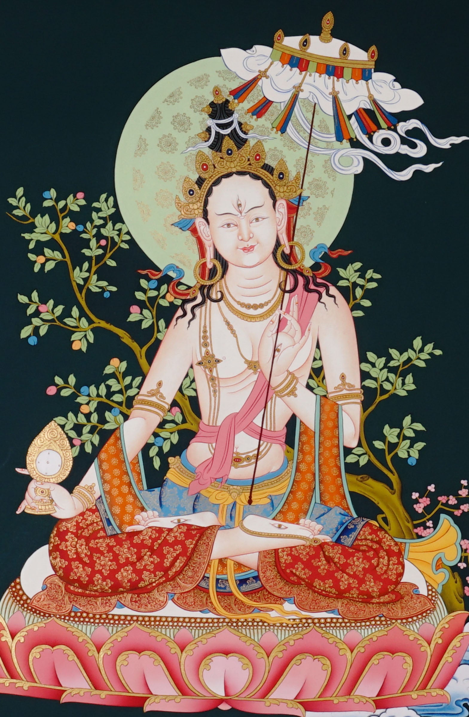 Dhukkar Ushnisha White Dzambhala Thangka hand-painted Tibetan Buddhist wealth deity holding mongoose and treasure vase on lotus throne