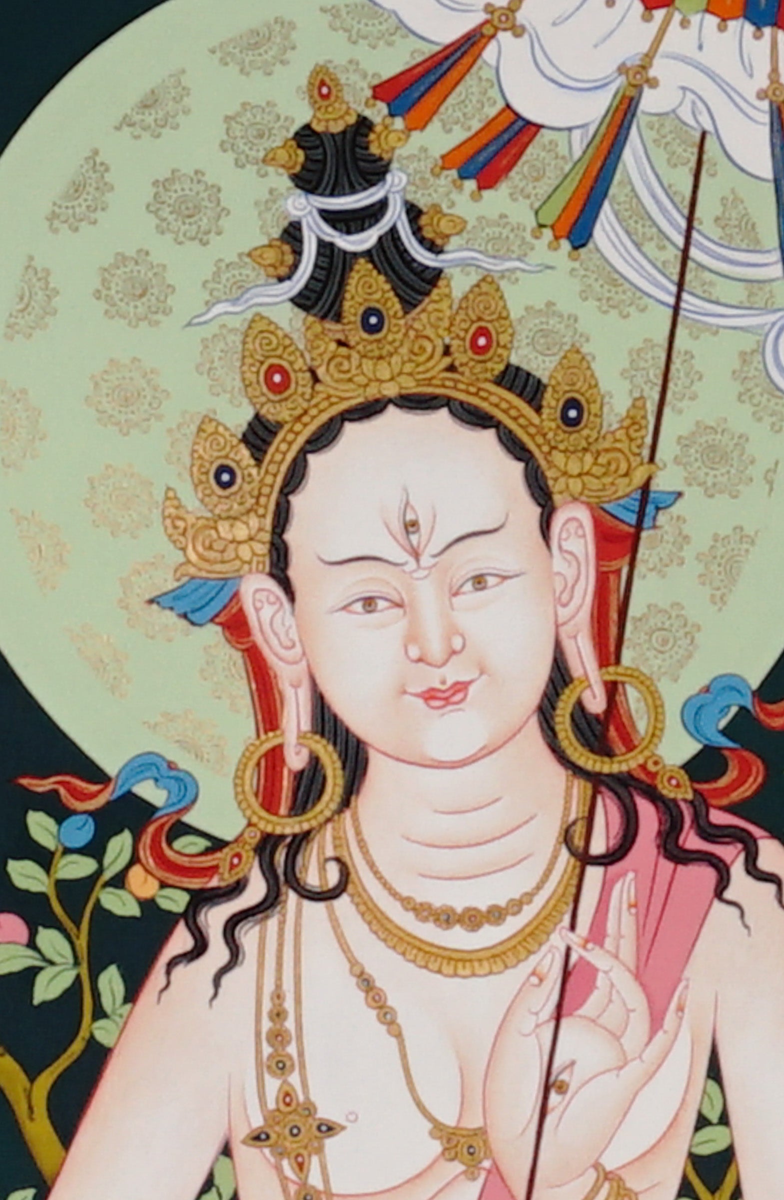 Dhukkar Ushnisha White Dzambhala Thangka hand-painted Tibetan Buddhist wealth deity holding mongoose and treasure vase on lotus throne