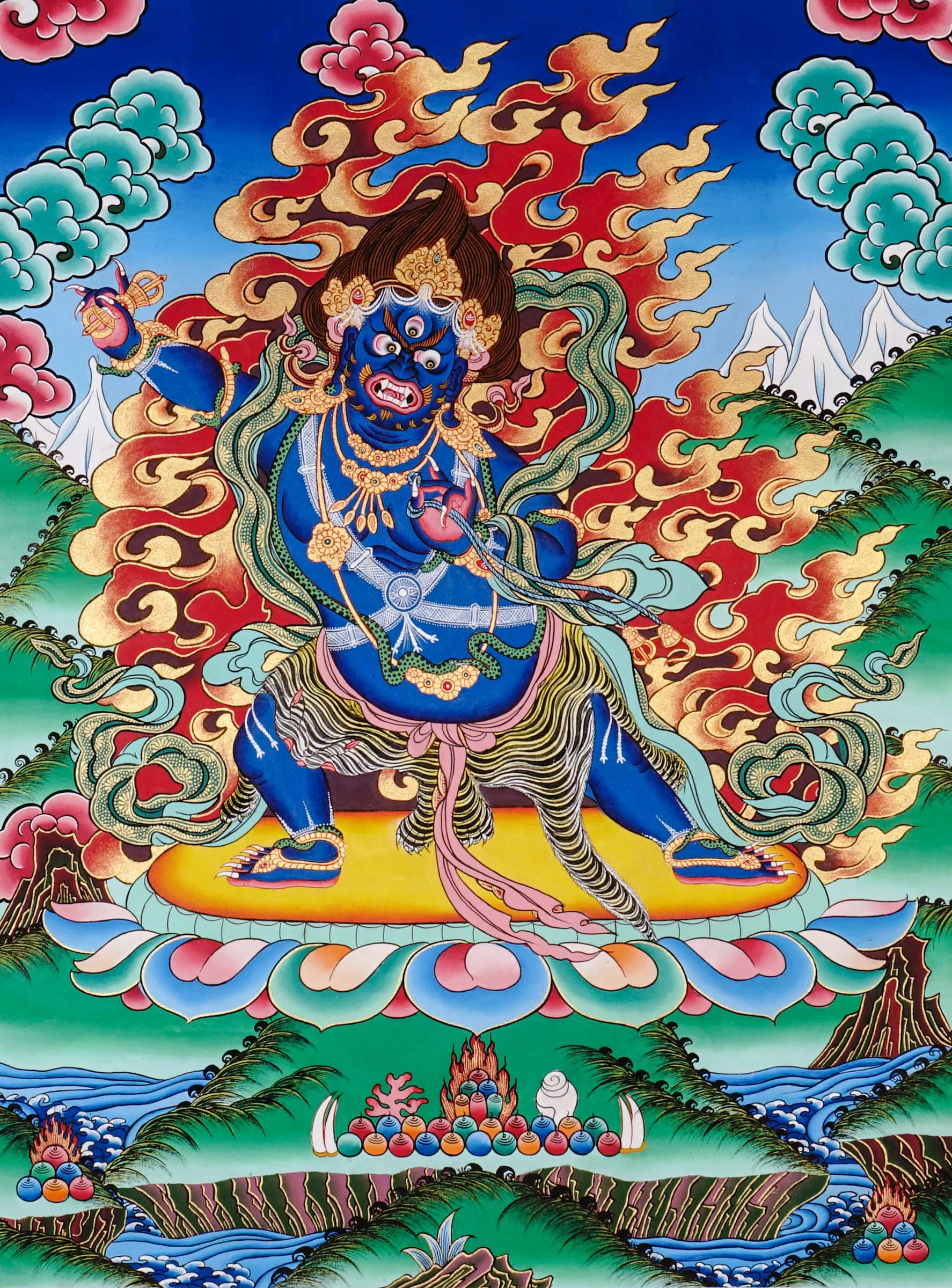 Vajrapani thangka featuring the fierce blue Tibetan Buddhist protector deity surrounded by wisdom flames in traditional Himalayan style.