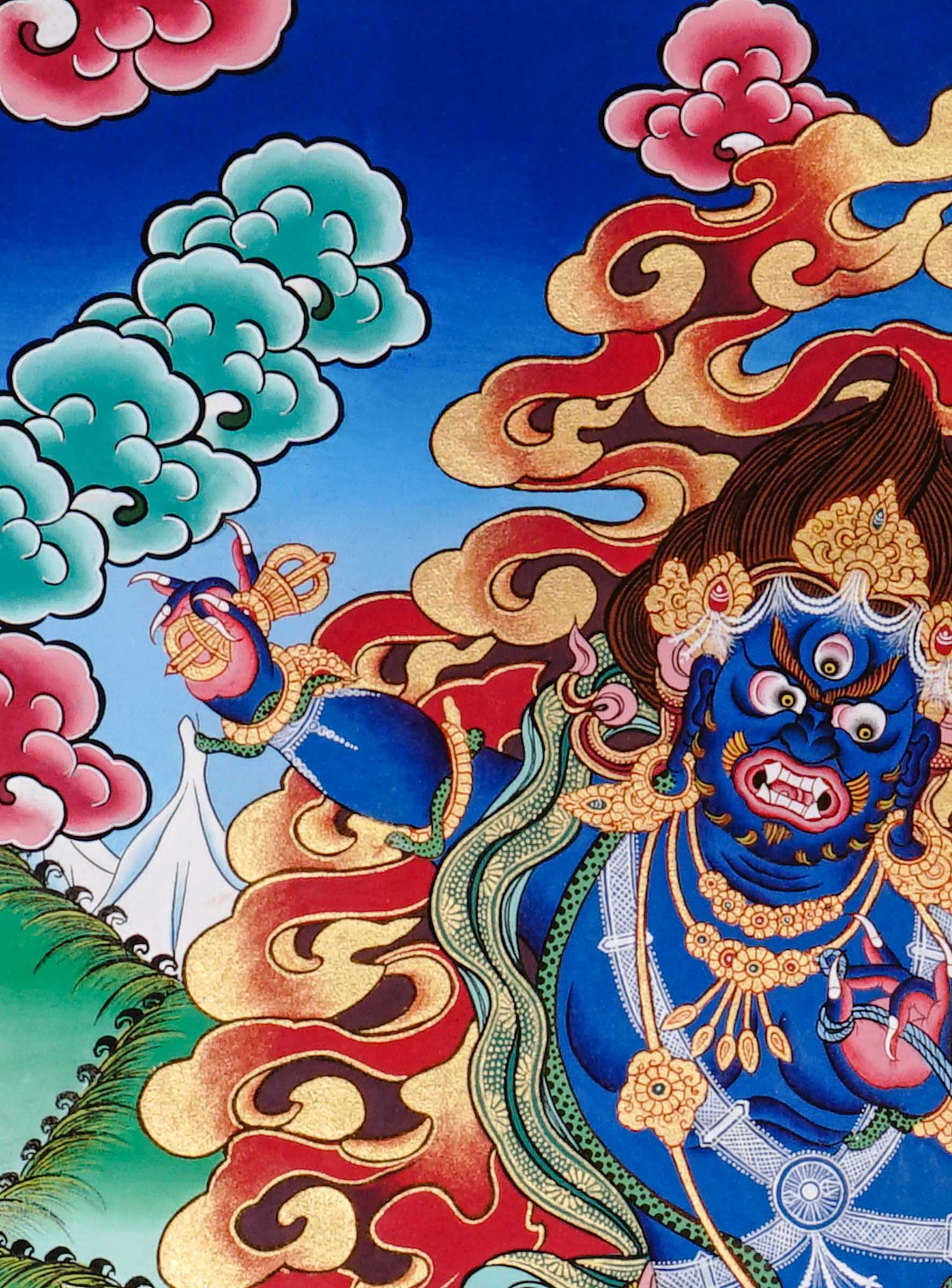 Vajrapani thangka featuring the fierce blue Tibetan Buddhist protector deity surrounded by wisdom flames in traditional Himalayan style.
