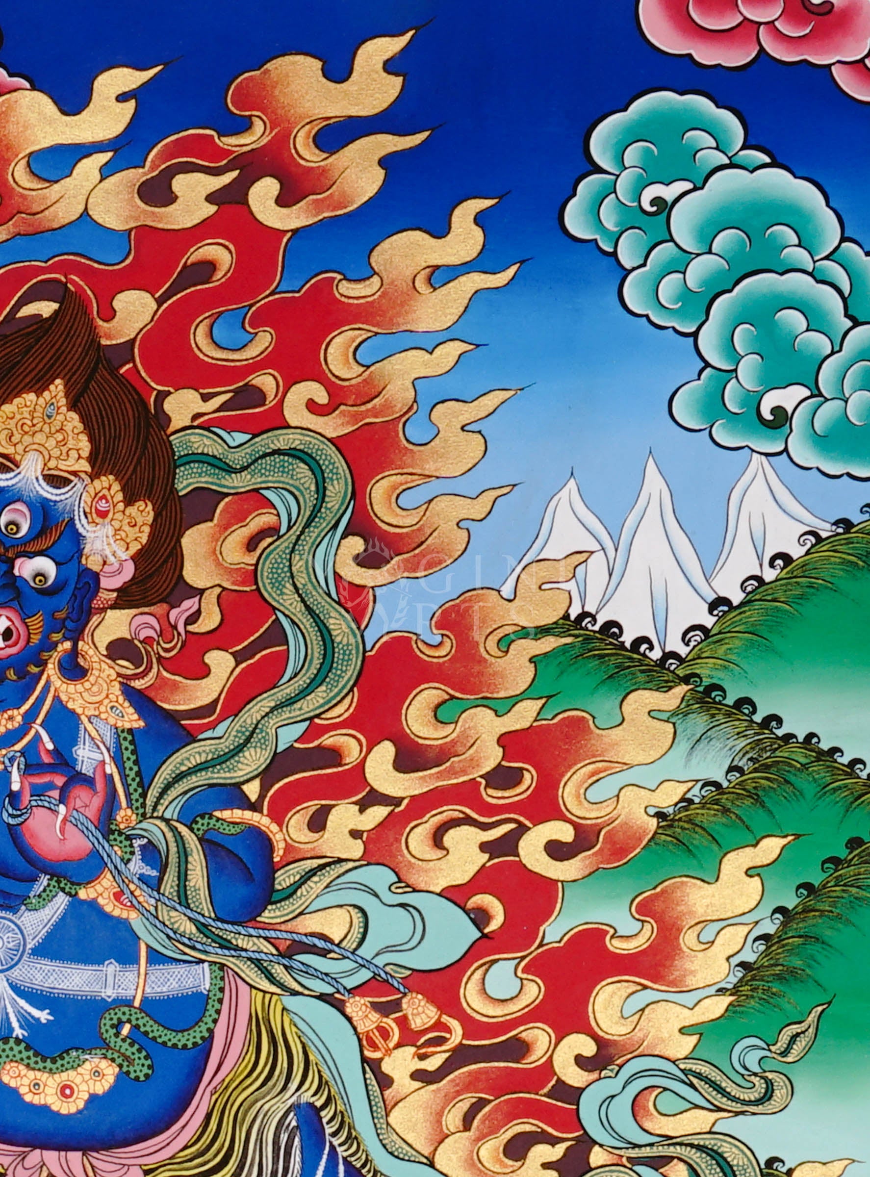 Vajrapani thangka showing a blue wrathful deity holding a vajra, surrounded by flames, standing dynamically on a lotus base in traditional Tibetan style.