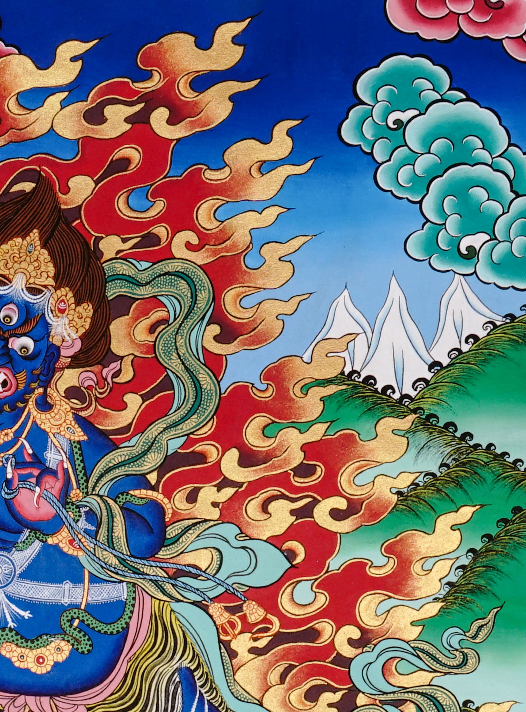 Vajrapani thangka featuring the fierce blue Tibetan Buddhist protector deity surrounded by wisdom flames in traditional Himalayan style.