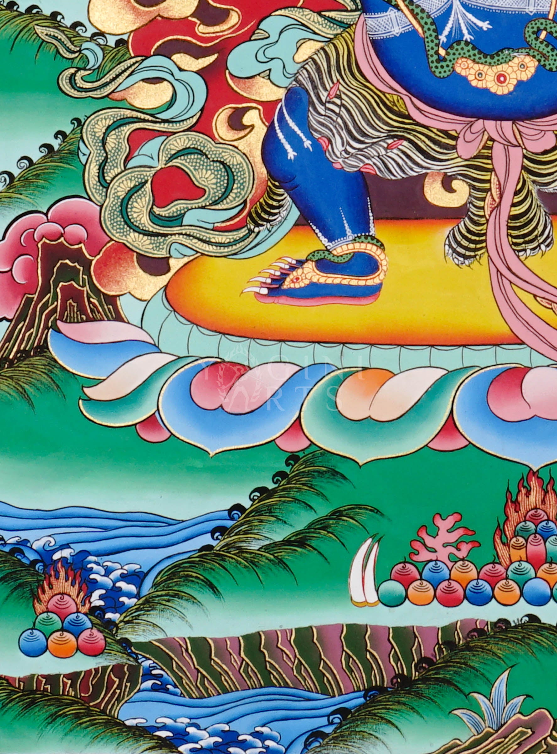Vajrapani thangka showing a blue wrathful deity holding a vajra, surrounded by flames, standing dynamically on a lotus base in traditional Tibetan style.