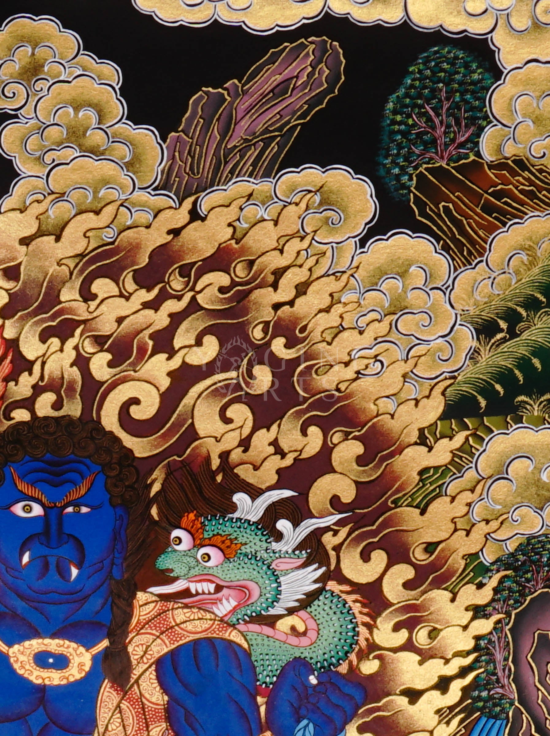 Yamaraj thangka showing a blue wrathful deity holding a staff and noose, seated in a powerful posture surrounded by golden clouds in Tibetan style.