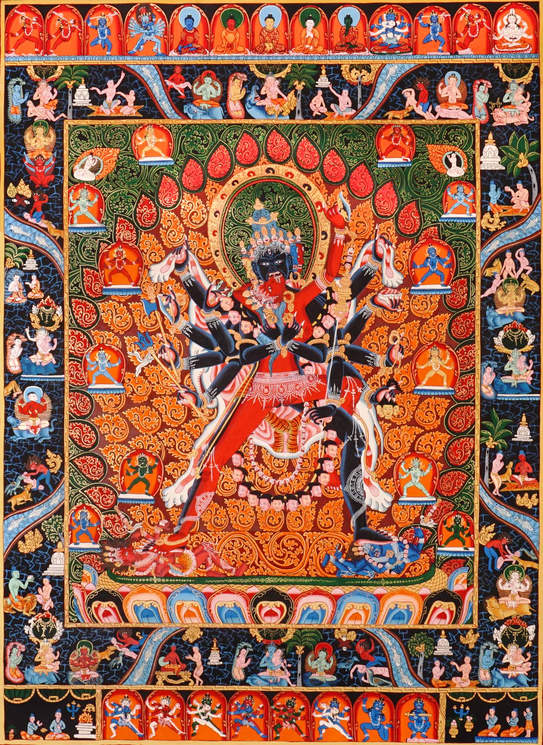 Hand-painted Kalachakra thangka showing multi-armed wrathful deity in union within intricate mandala structure surrounded by tantric figures.