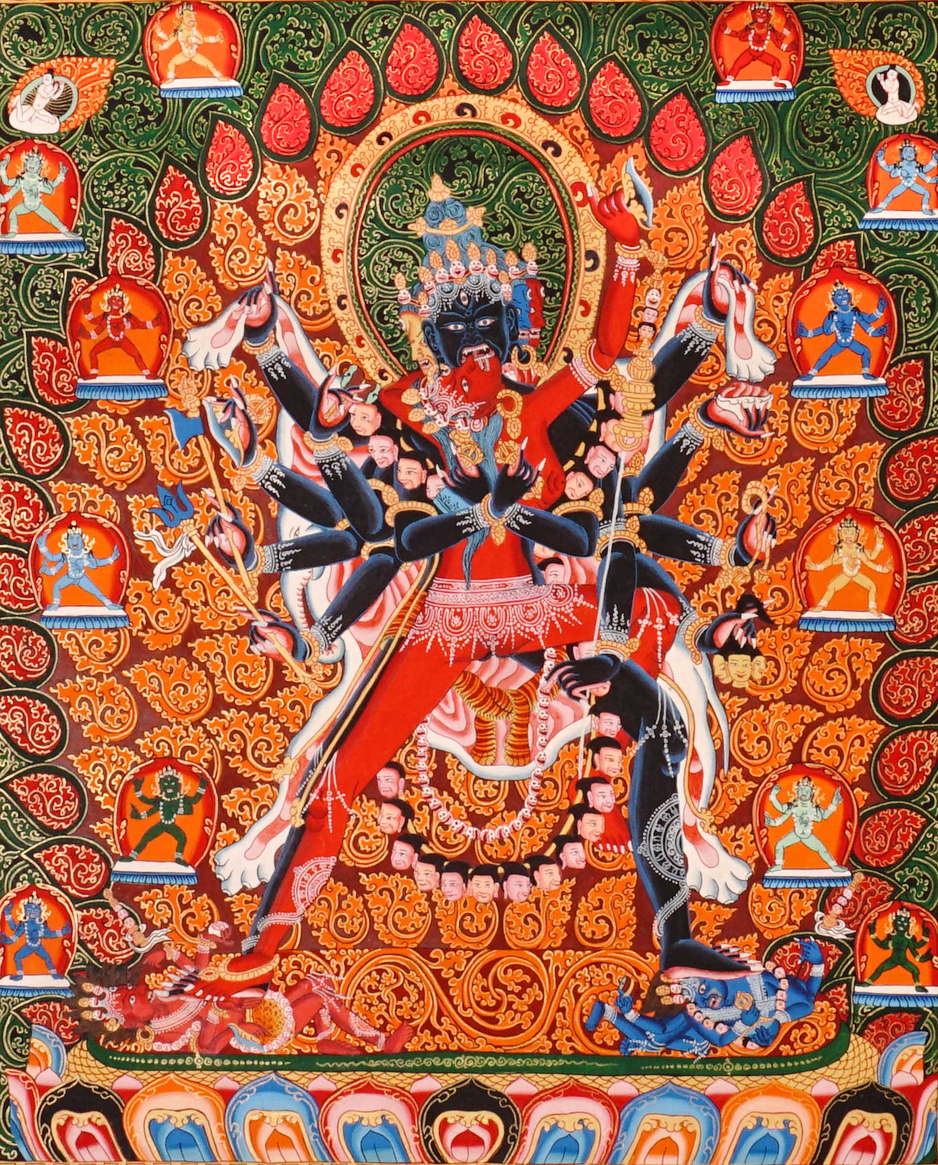 Hand-painted Kalachakra thangka showing multi-armed wrathful deity in union within intricate mandala structure surrounded by tantric figures.