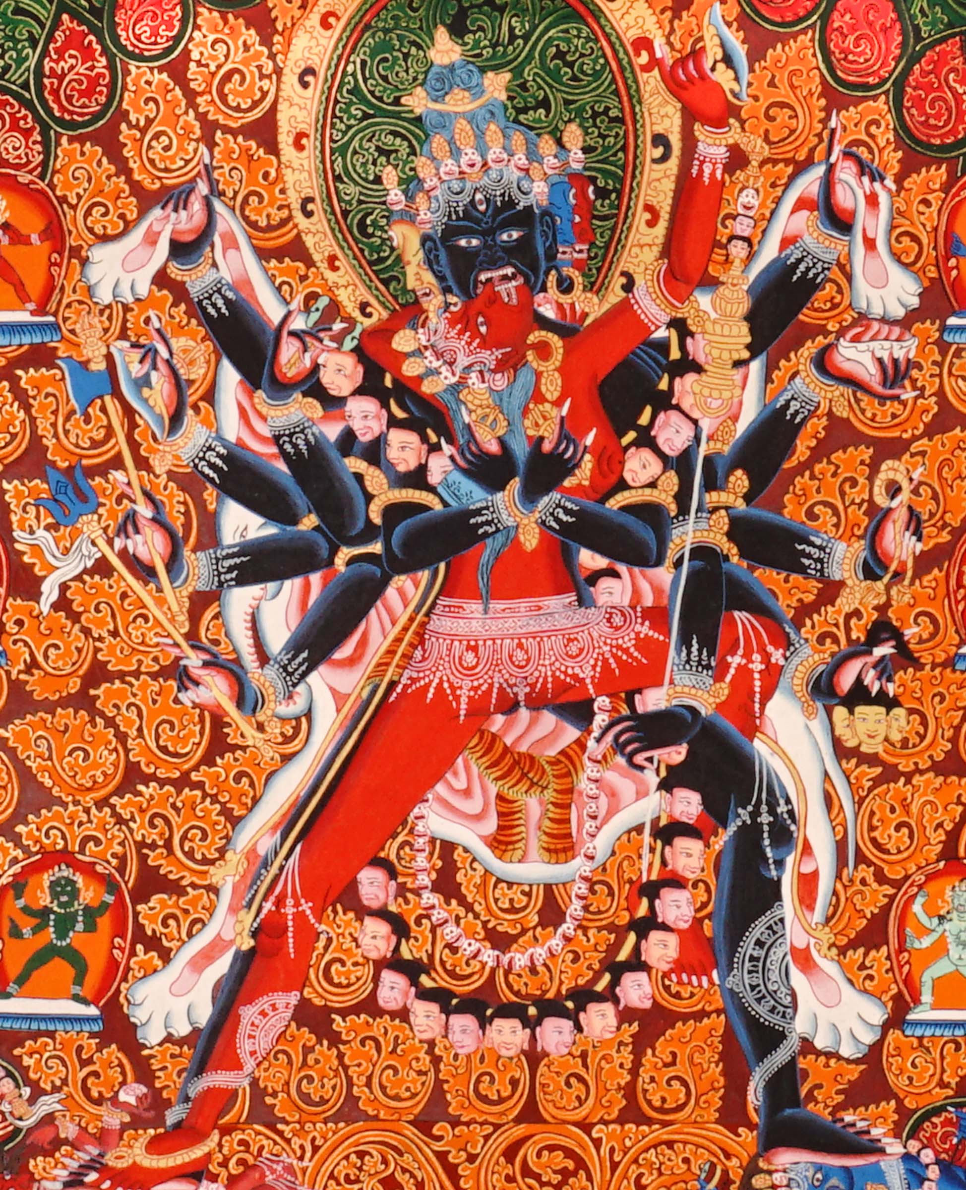 Hand-painted Kalachakra thangka showing multi-armed wrathful deity in union within intricate mandala structure surrounded by tantric figures.