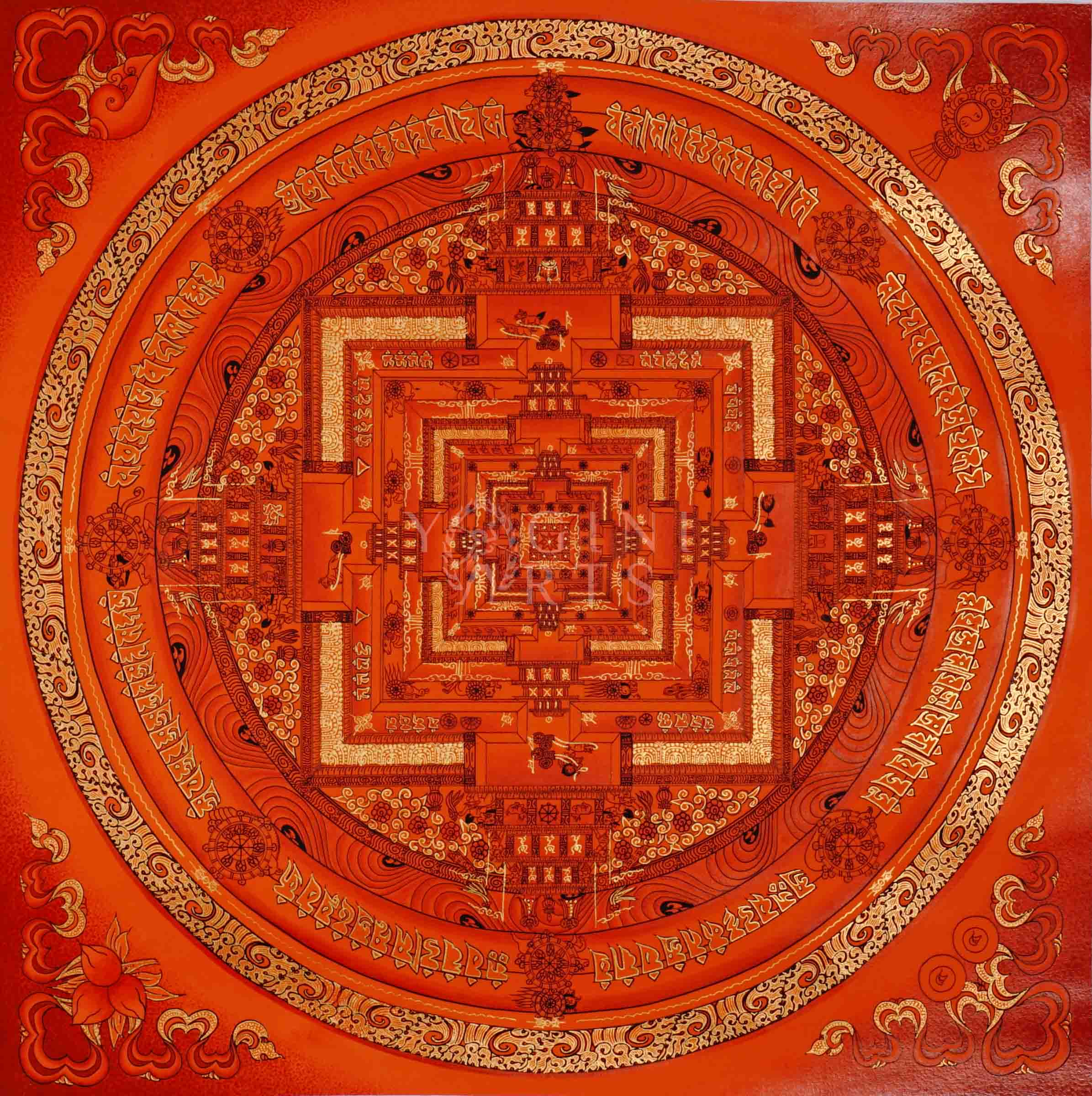 Hand painted orange Kalachakra Mandala thangka depicting Tibetan Wheel of Time sacred palace in monochromatic red tones