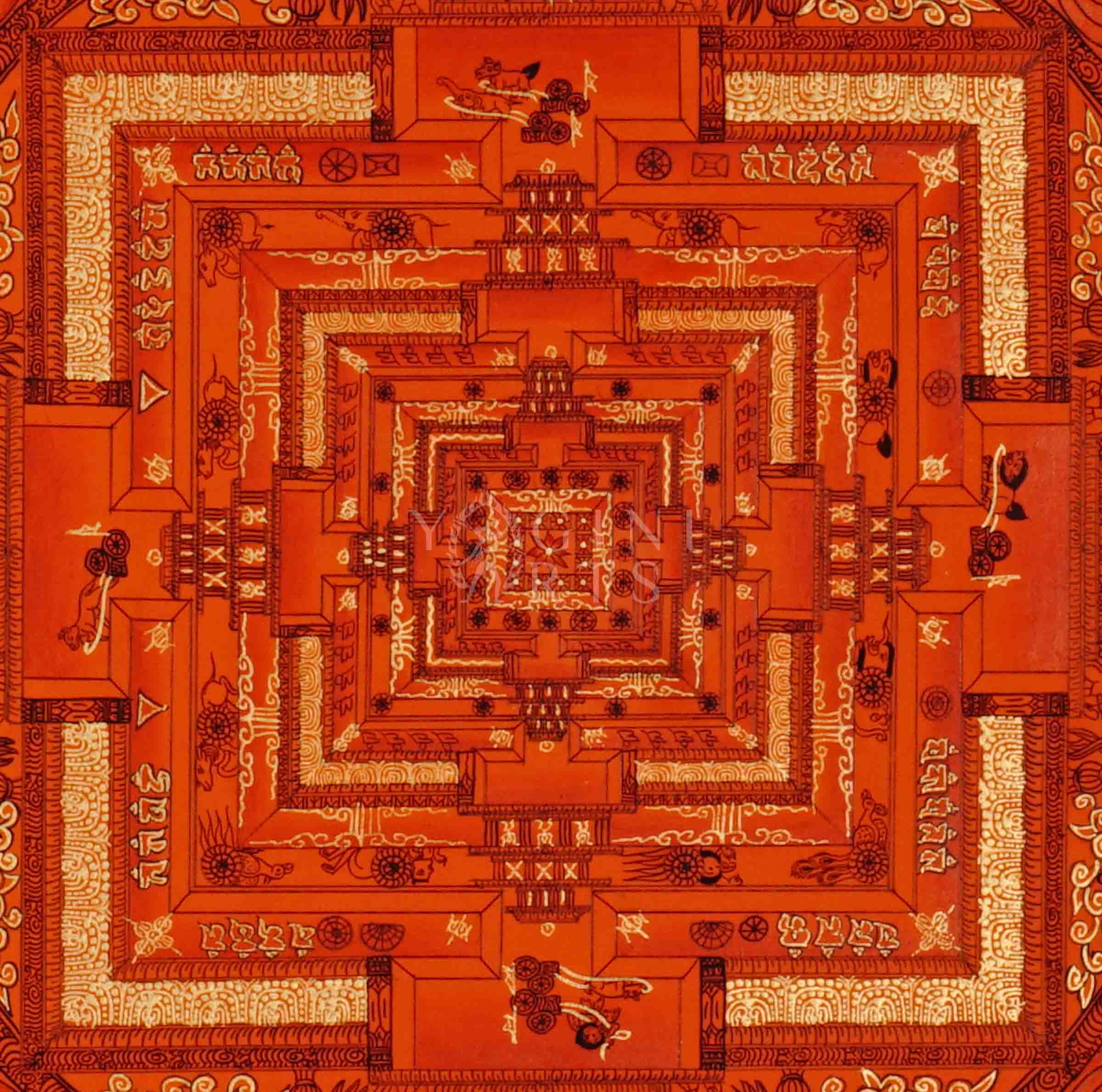 Hand painted orange Kalachakra Mandala thangka depicting Tibetan Wheel of Time sacred palace in monochromatic red tones