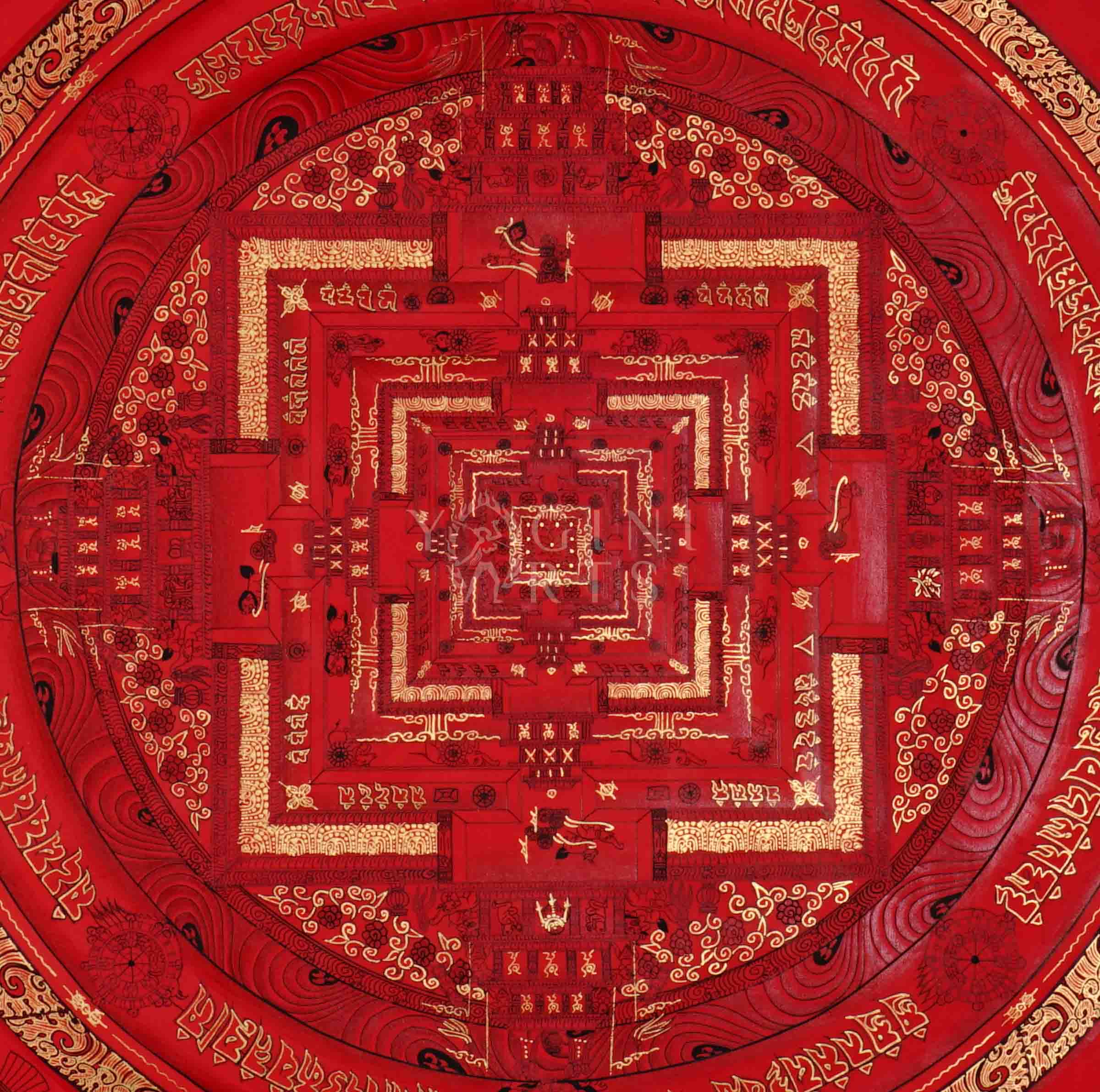Hand painted deep red Kalachakra Mandala thangka depicting Tibetan Wheel of Time sacred palace with gold detailing