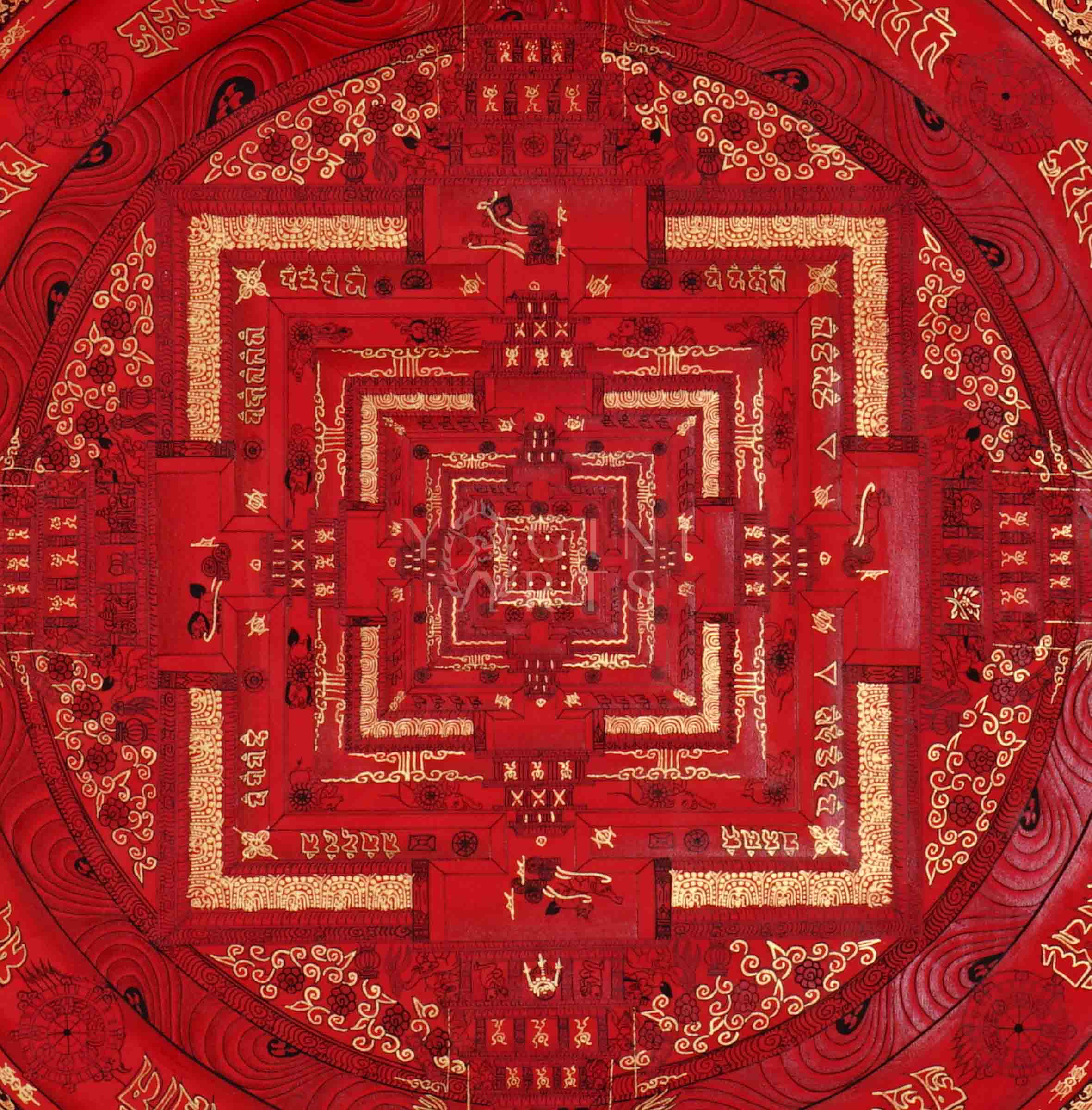 Hand painted deep red Kalachakra Mandala thangka depicting Tibetan Wheel of Time sacred palace with gold detailing