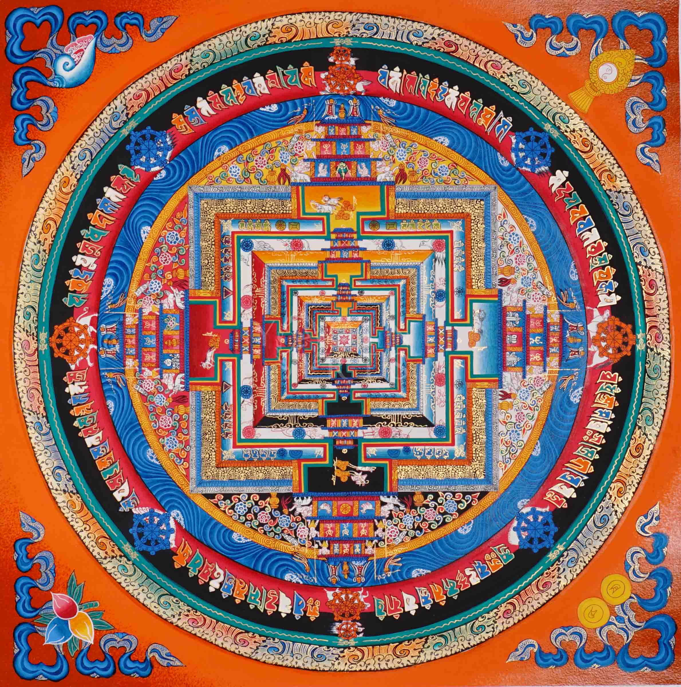 Hand painted multicolor Kalachakra Mandala thangka with bright orange background and Tibetan Wheel of Time palace design