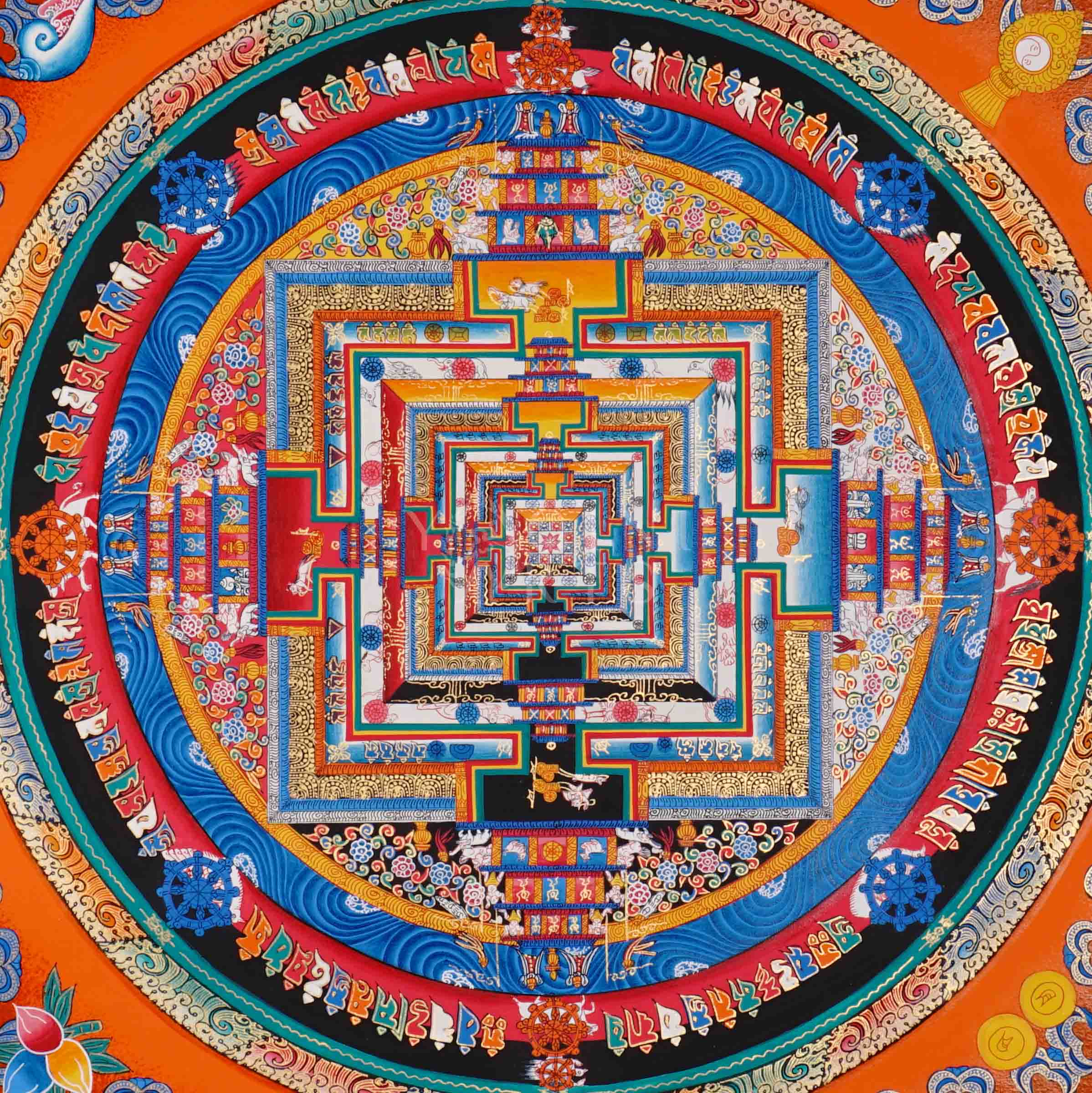 Hand painted multicolor Kalachakra Mandala thangka with bright orange background and Tibetan Wheel of Time palace design