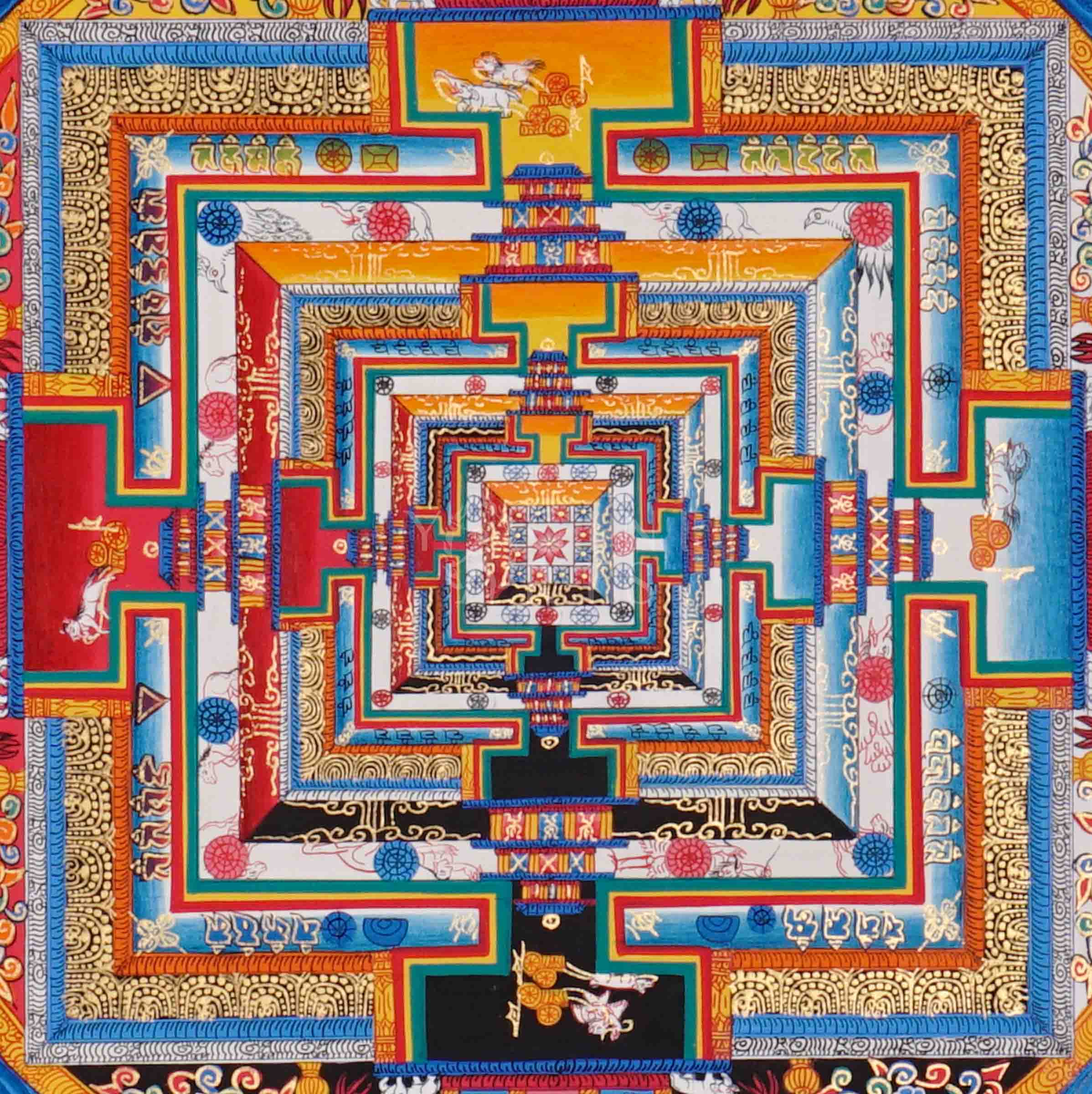 Hand painted multicolor Kalachakra Mandala thangka with bright orange background and Tibetan Wheel of Time palace design