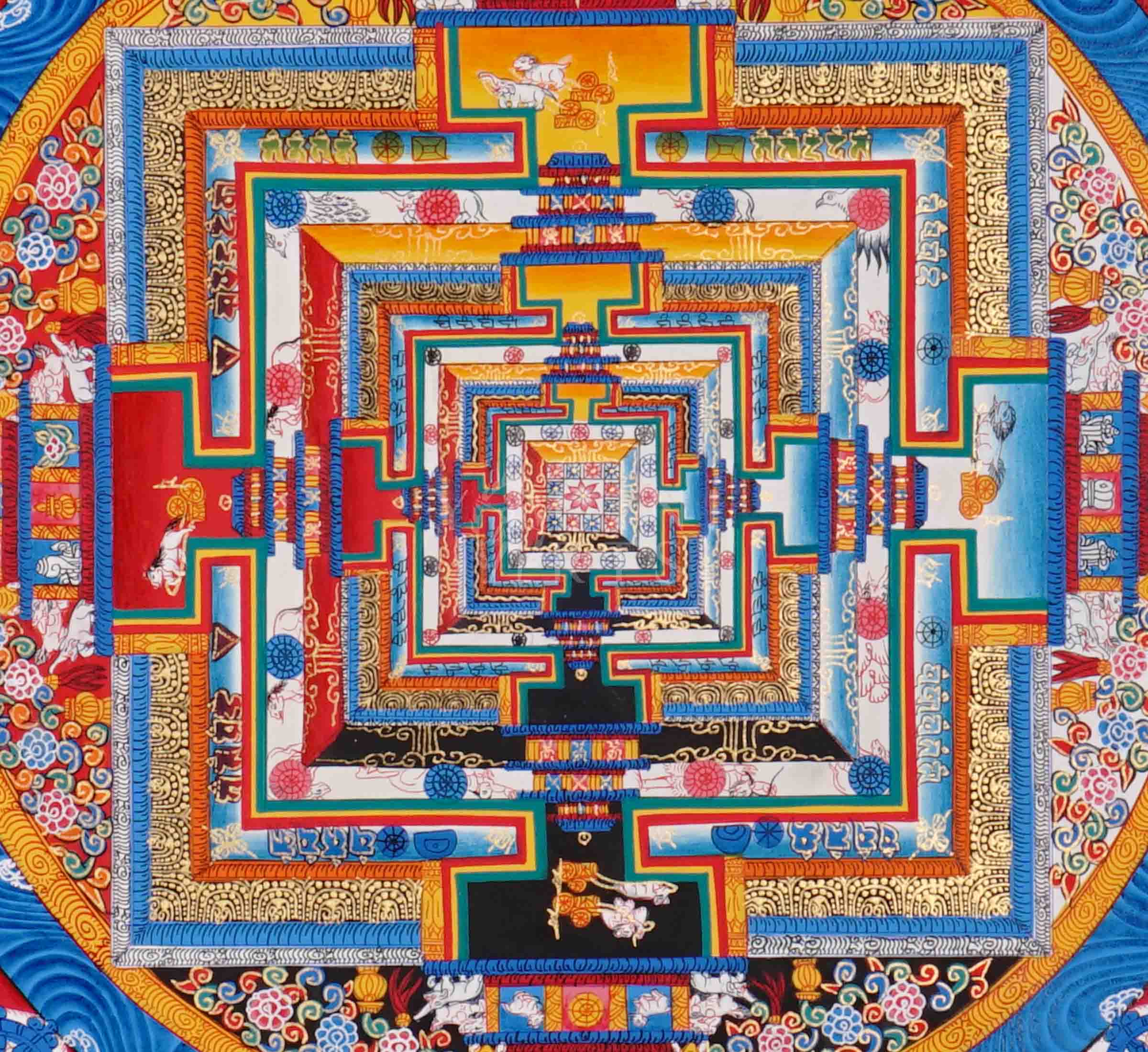 Hand painted blue Kalachakra Mandala thangka depicting Tibetan Wheel of Time sacred palace with vibrant multicolor detailing