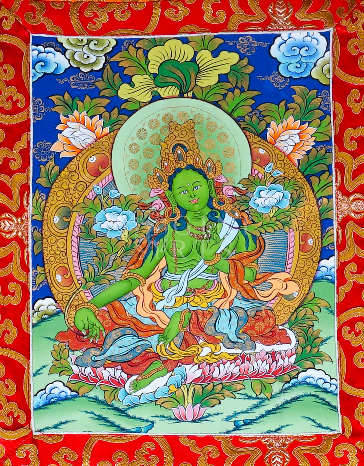 Hand-painted Green Tara Brocade Thangka mounted in traditional Tibetan silk brocade, handcrafted in Nepal for Buddhist meditation, altar decoration, and sacred wall décor.