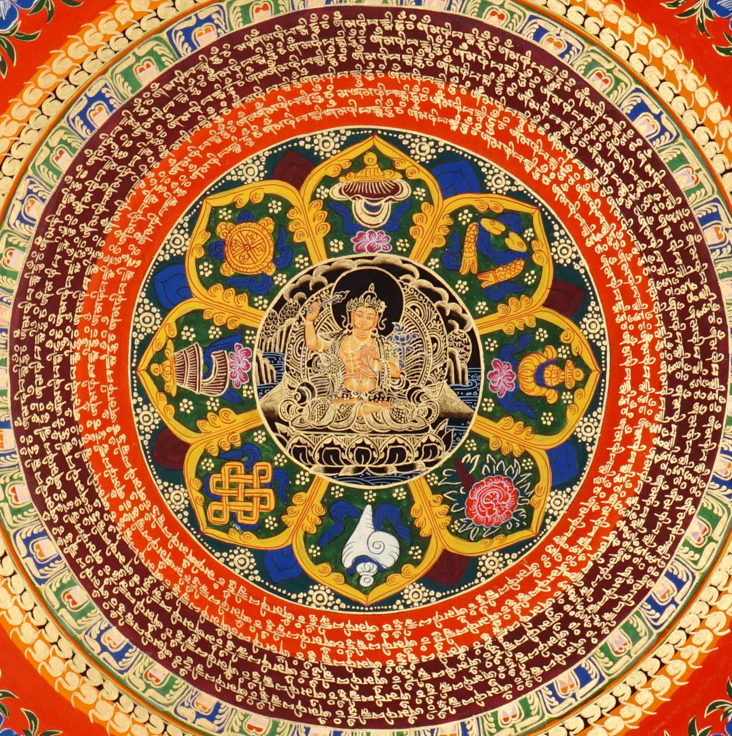 Hand painted Manjushree Mandala thangka depicting Tibetan Bodhisattva of Wisdom surrounded by mantra rings on red background