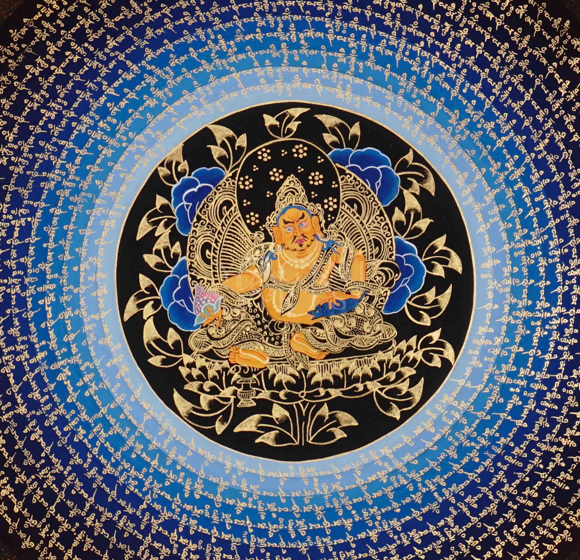 Hand painted Zambhala Mantra Mandala thangka depicting Tibetan wealth deity surrounded by concentric mantra rings on blue gradient background