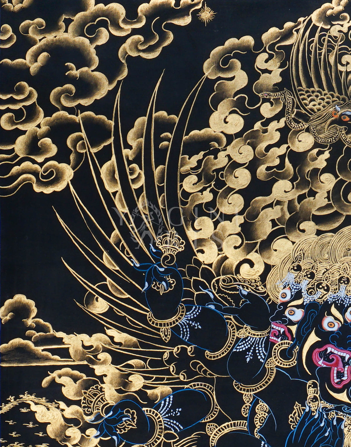 Hand-painted Gold-on-Black Vajrakilaya Thangka depicting the wrathful multi-armed Dorje Phurba with wisdom flames, sacred implements, and genuine gold detailing.