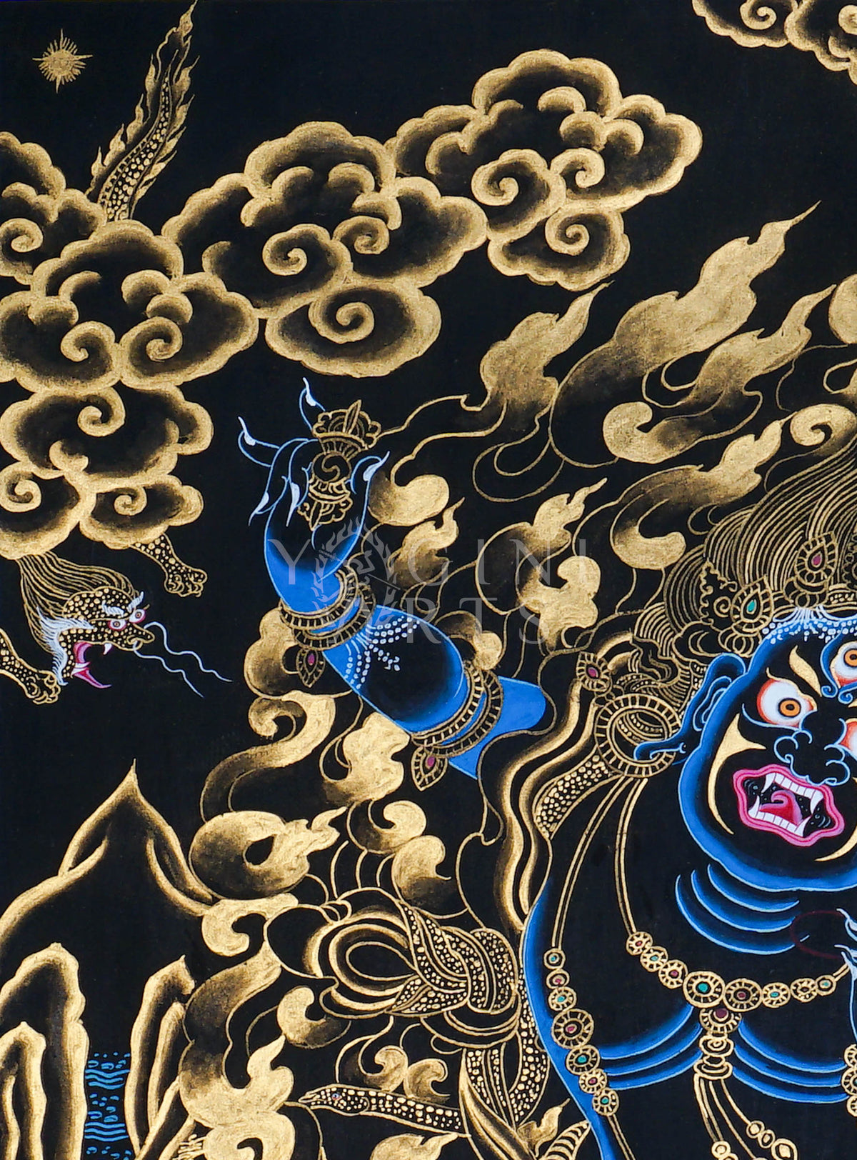 Hand-painted Gold-on-Black Vajrapani Thangka depicting the wrathful Bodhisattva holding a vajra with genuine gold detailing, celestial dragons, and Himalayan landscape.