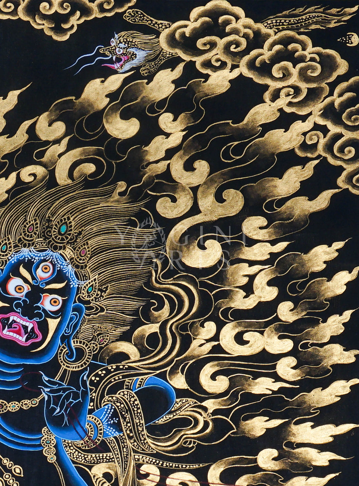 Hand-painted Gold-on-Black Vajrapani Thangka depicting the wrathful Bodhisattva holding a vajra with genuine gold detailing, celestial dragons, and Himalayan landscape.