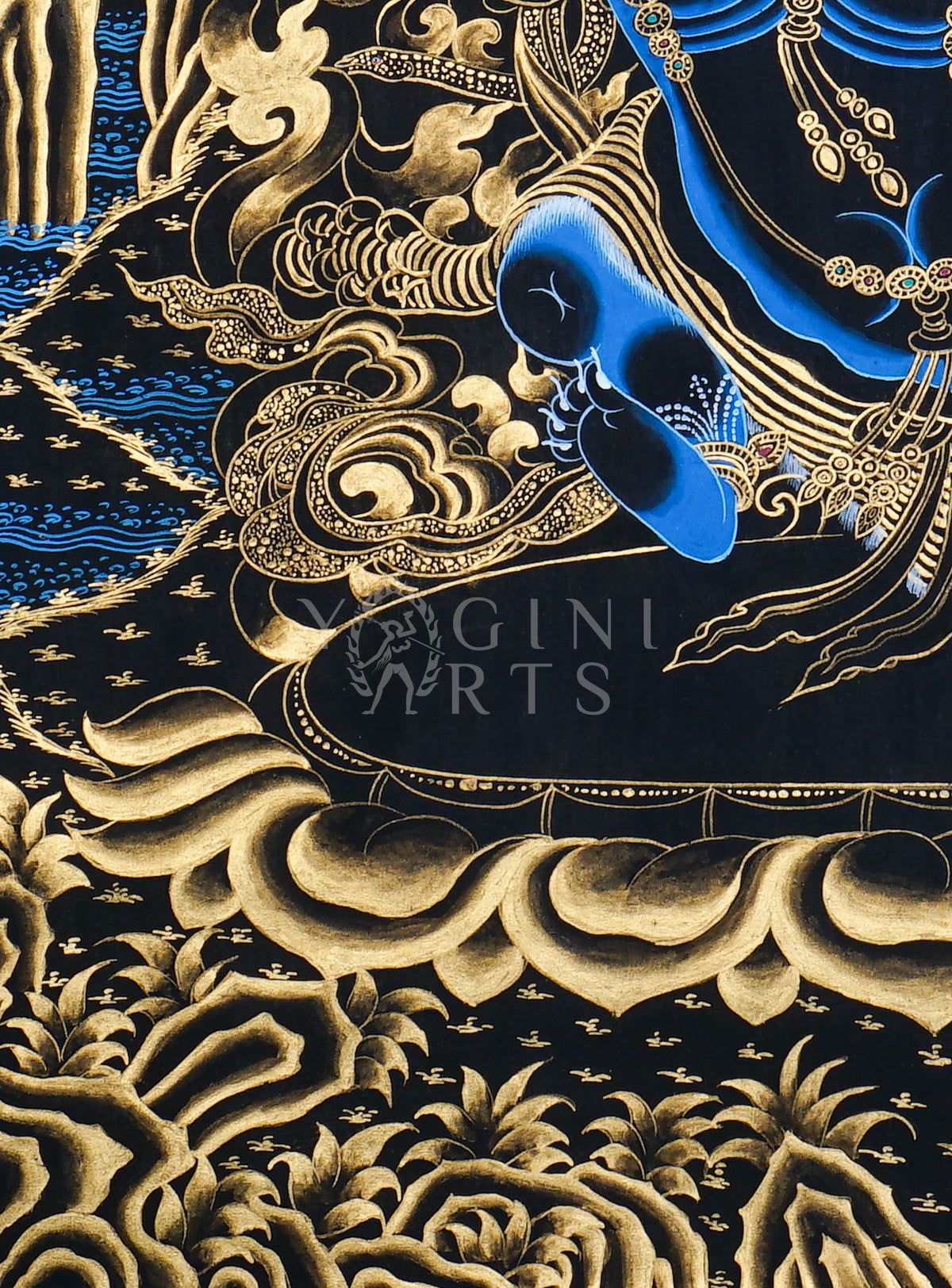 Hand-painted Gold-on-Black Vajrapani Thangka depicting the wrathful Bodhisattva holding a vajra with genuine gold detailing, celestial dragons, and Himalayan landscape.