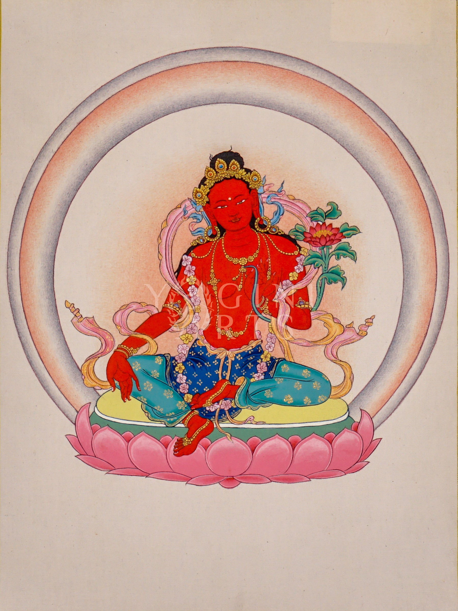 Red Tara Tibetan Buddhist thangka featuring red goddess seated on pink lotus throne holding lotus flower