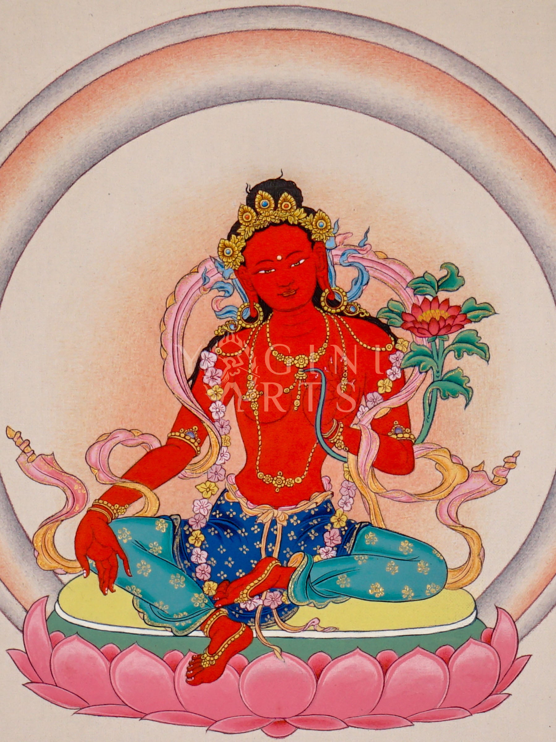 Red Tara Tibetan Buddhist thangka featuring red goddess seated on pink lotus throne holding lotus flower