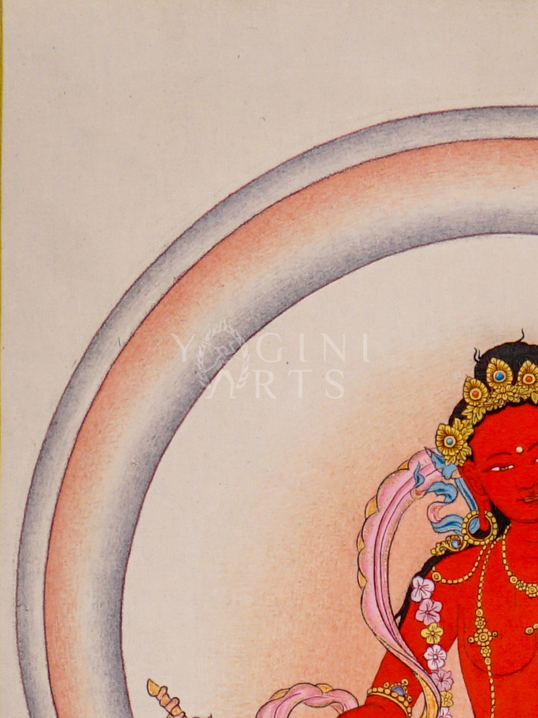 Red Tara Tibetan Buddhist thangka featuring red goddess seated on pink lotus throne holding lotus flower