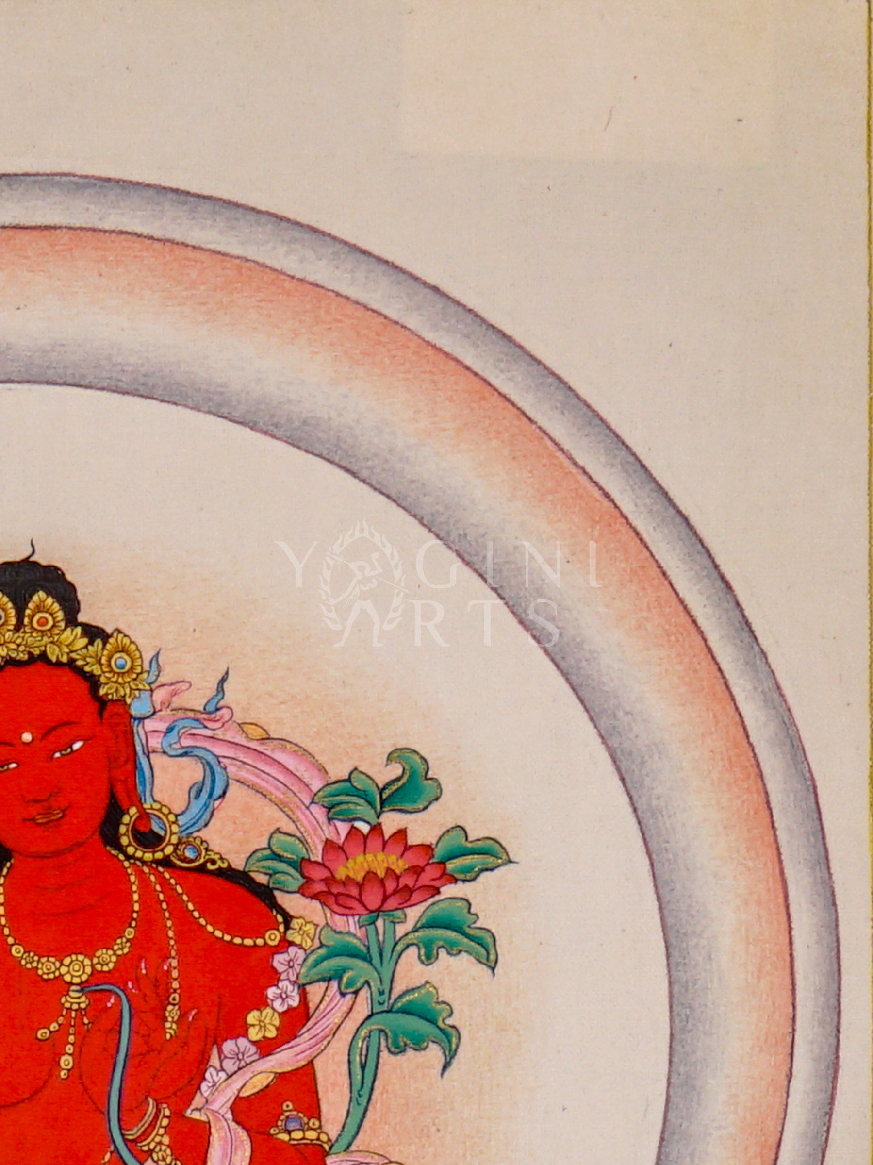 Red Tara Tibetan Buddhist thangka featuring red goddess seated on pink lotus throne holding lotus flower