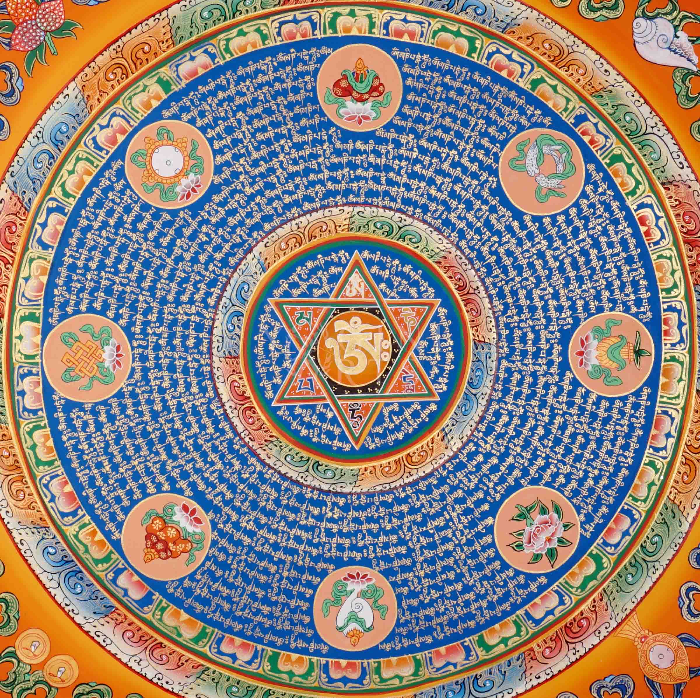 Hand painted Om Mantra Mandala thangka featuring six-pointed star sacred geometry surrounded by Tibetan mantra rings