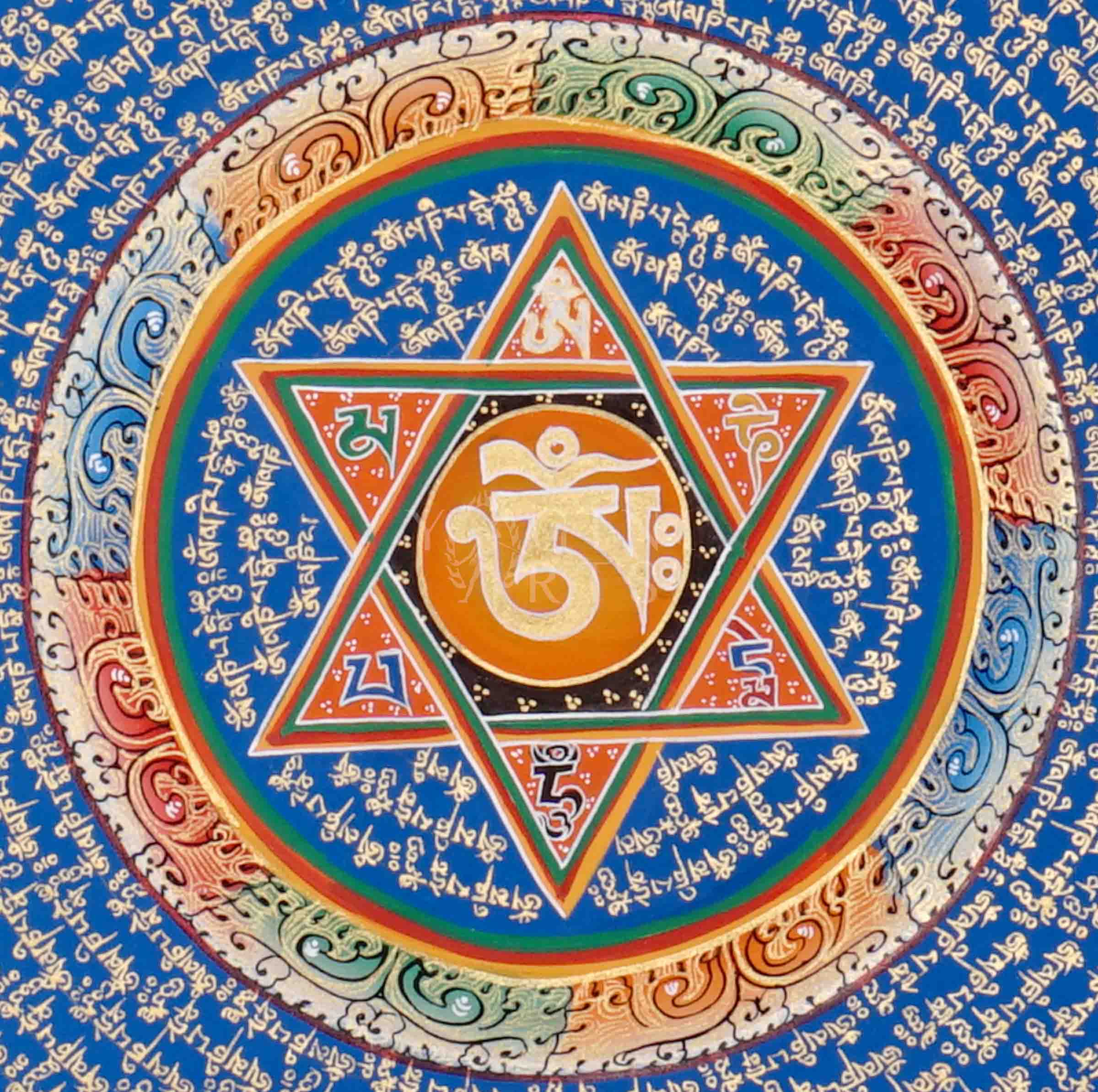 Hand painted Om Mantra Mandala thangka featuring six-pointed star sacred geometry surrounded by Tibetan mantra rings