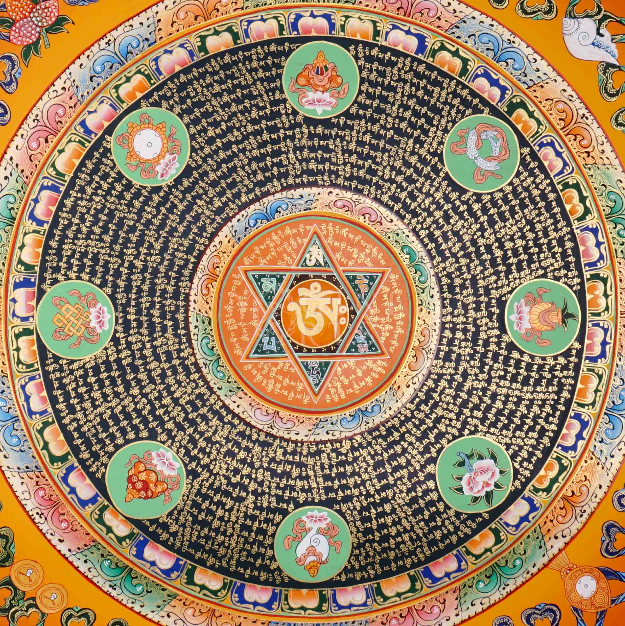 Hand-painted Tibetan Mantra Mandala Thangka with central Om symbol, six-pointed star, and concentric mantra inscriptions on orange background