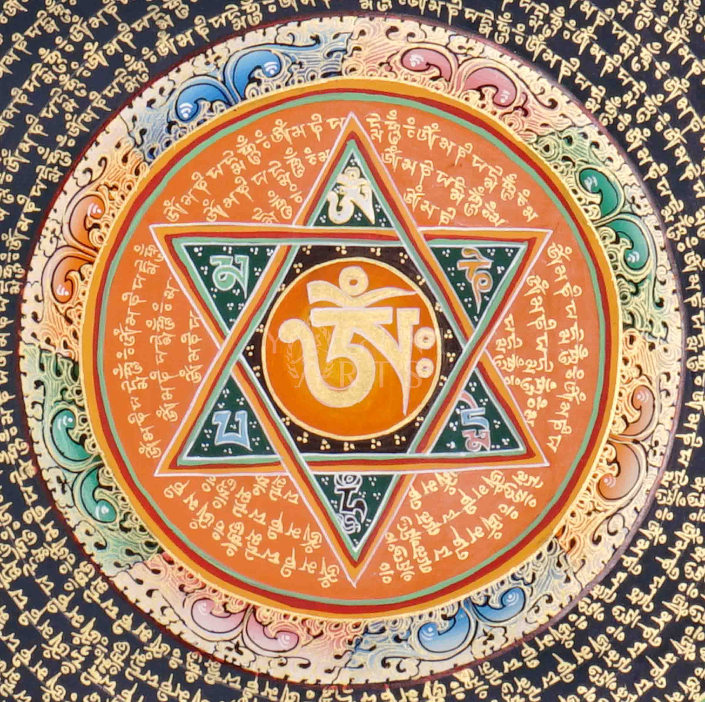 Hand-painted Tibetan Mantra Mandala Thangka with central Om symbol, six-pointed star, and concentric mantra inscriptions on orange background