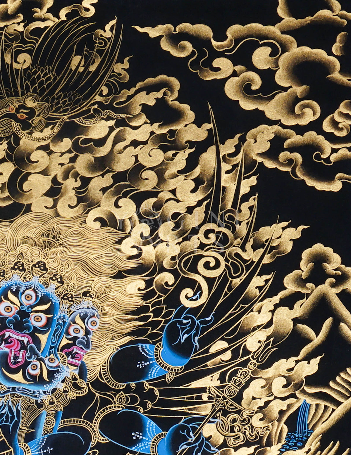 Hand-painted Gold-on-Black Vajrakilaya Thangka depicting the three-faced multi-armed wrathful yidam with genuine gold detailing in traditional Tibetan Nakthang style.